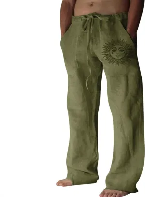 Puimentiua Cotton Linen Pants Men, Summer Beach Pants Loose Fit with Elastic Waist Drawstring