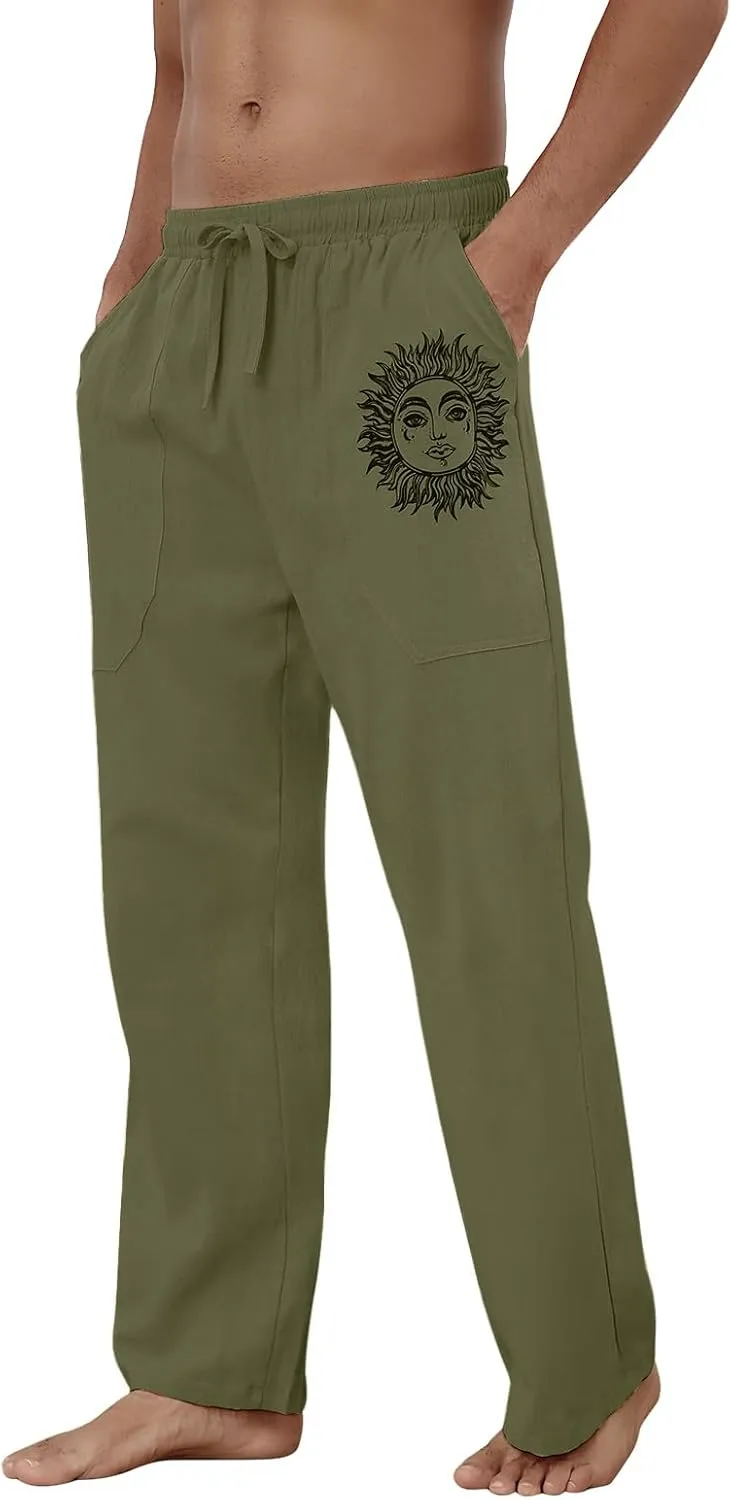 Puimentiua Cotton Linen Pants Men, Summer Beach Pants Loose Fit with Elastic Waist Drawstring