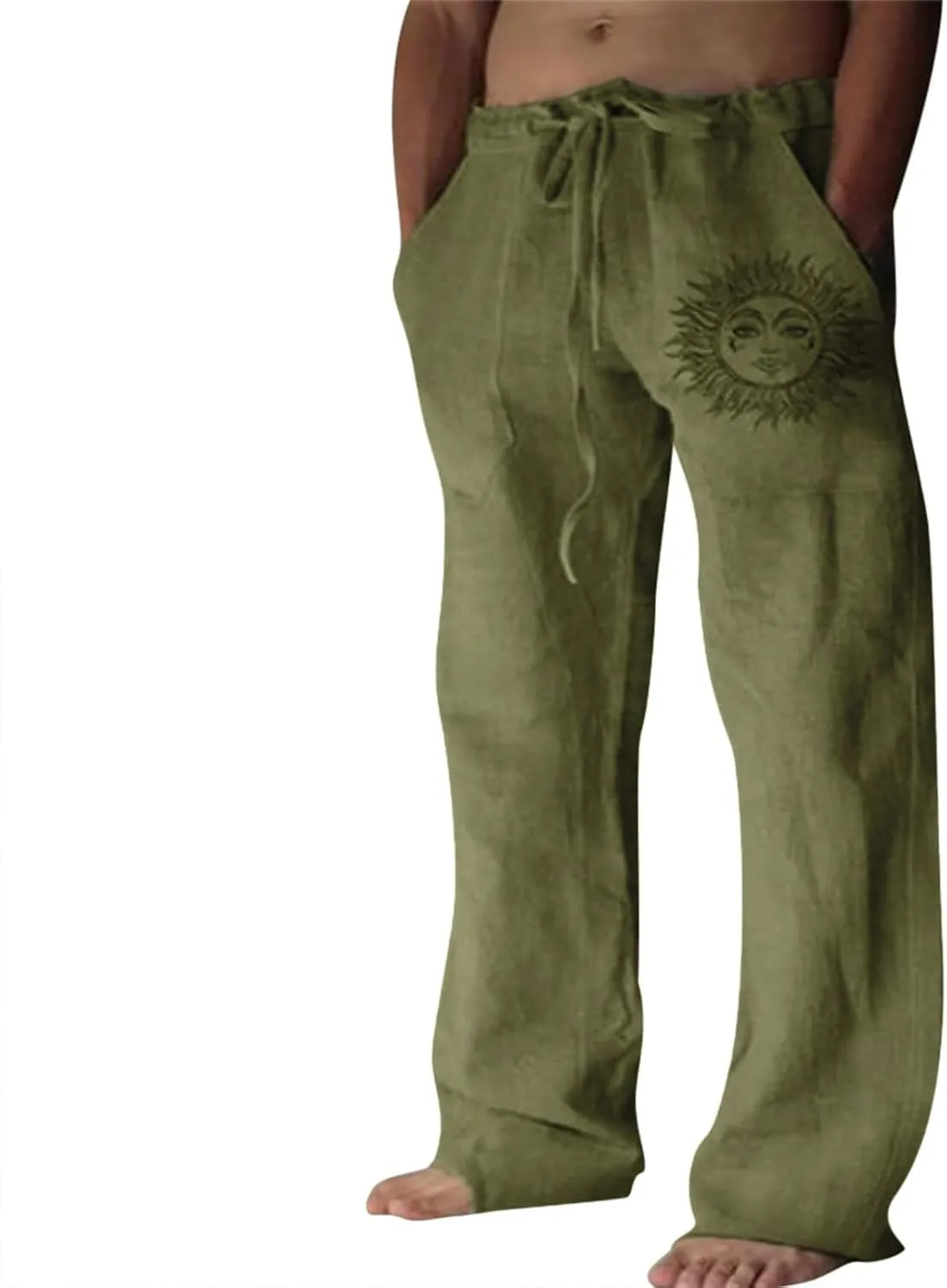 Puimentiua Cotton Linen Pants Men, Summer Beach Pants Loose Fit with Elastic Waist Drawstring