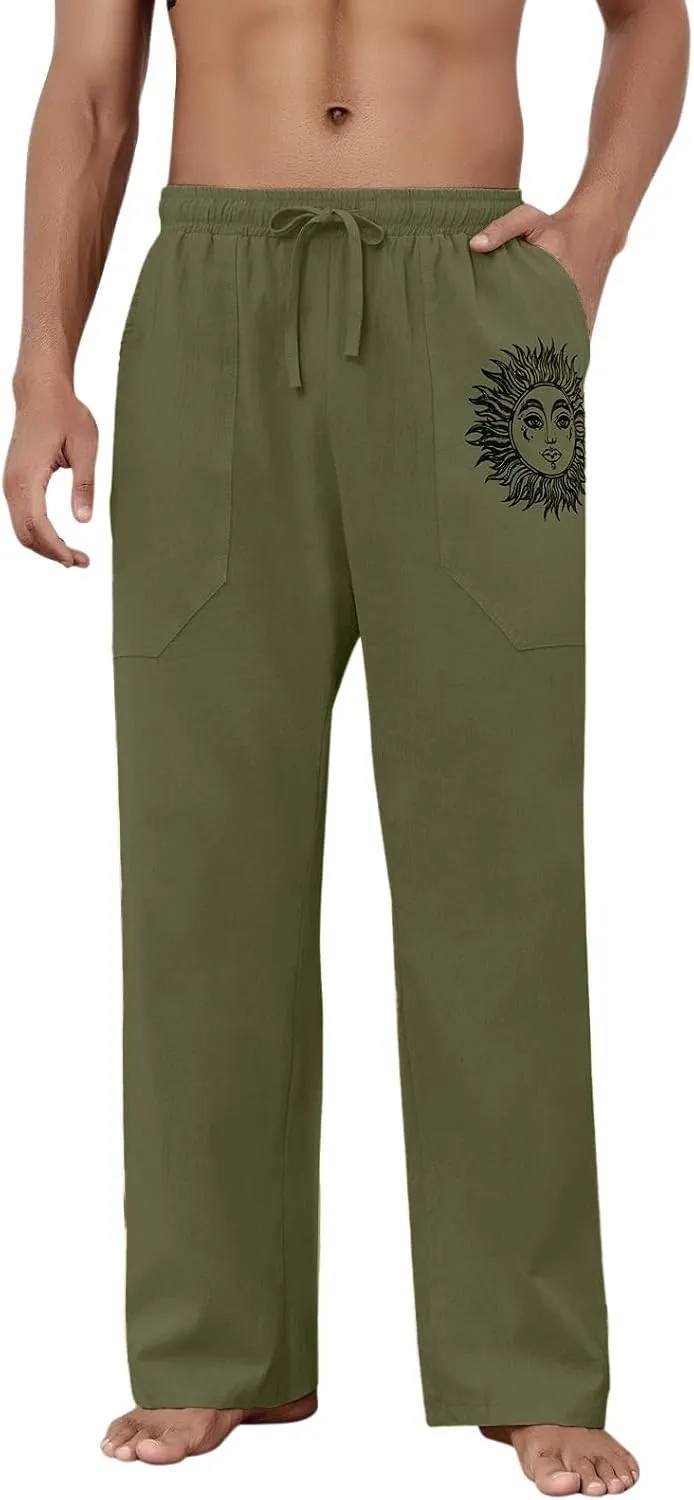 Puimentiua Cotton Linen Pants Men, Summer Beach Pants Loose Fit with Elastic Waist Drawstring