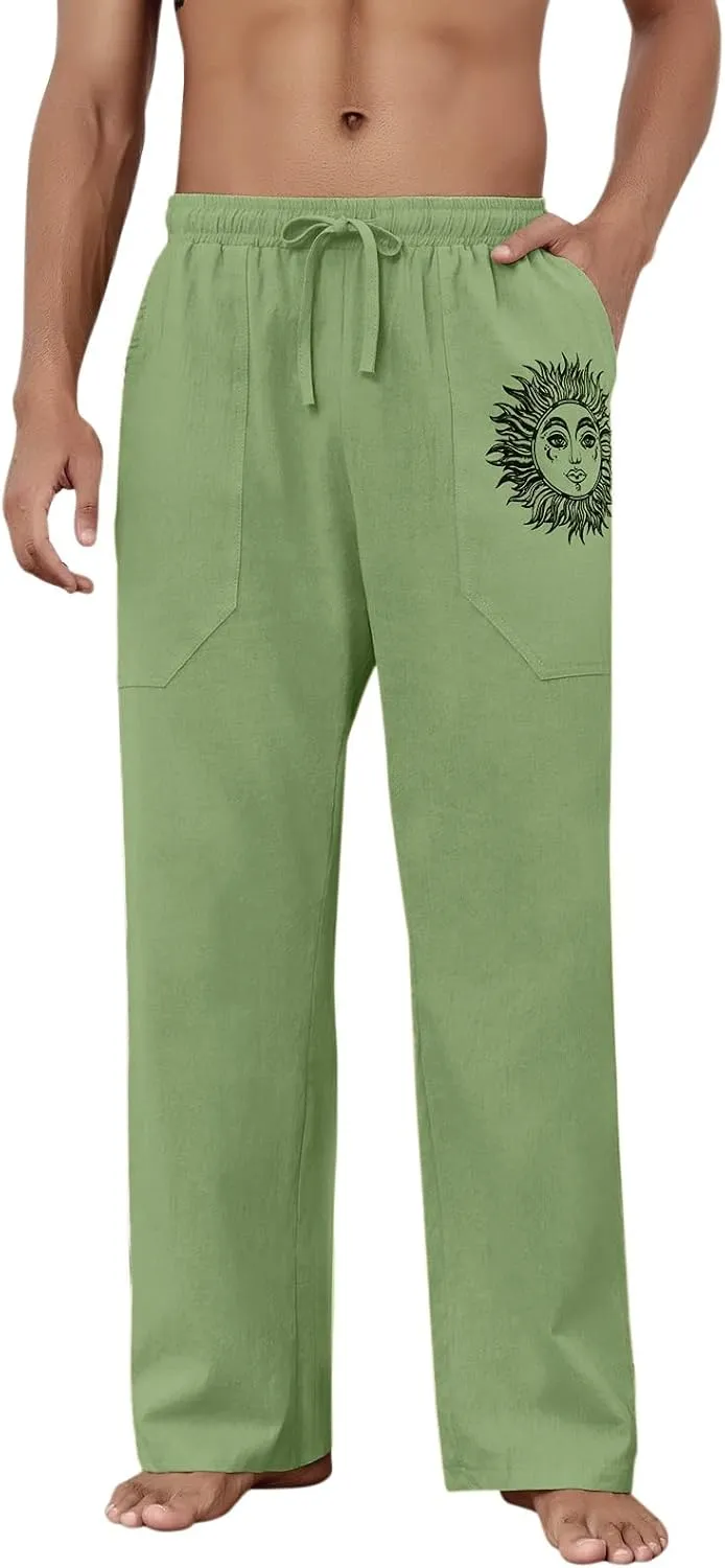 Puimentiua Cotton Linen Pants Men, Summer Beach Pants Loose Fit with Elastic Waist Drawstring
