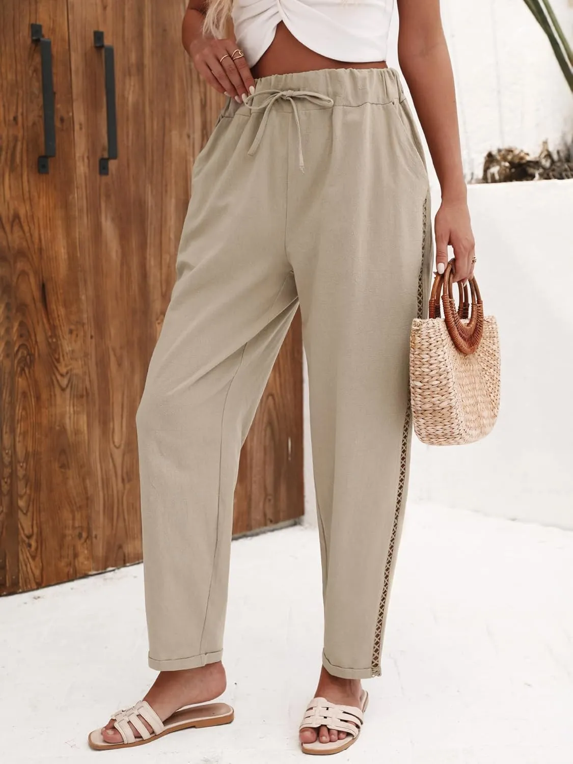 Puimentiua Women's Linen Capri Pants with Drawstring Petite Summer Beachwear Lightweight Elastic Waist Pants