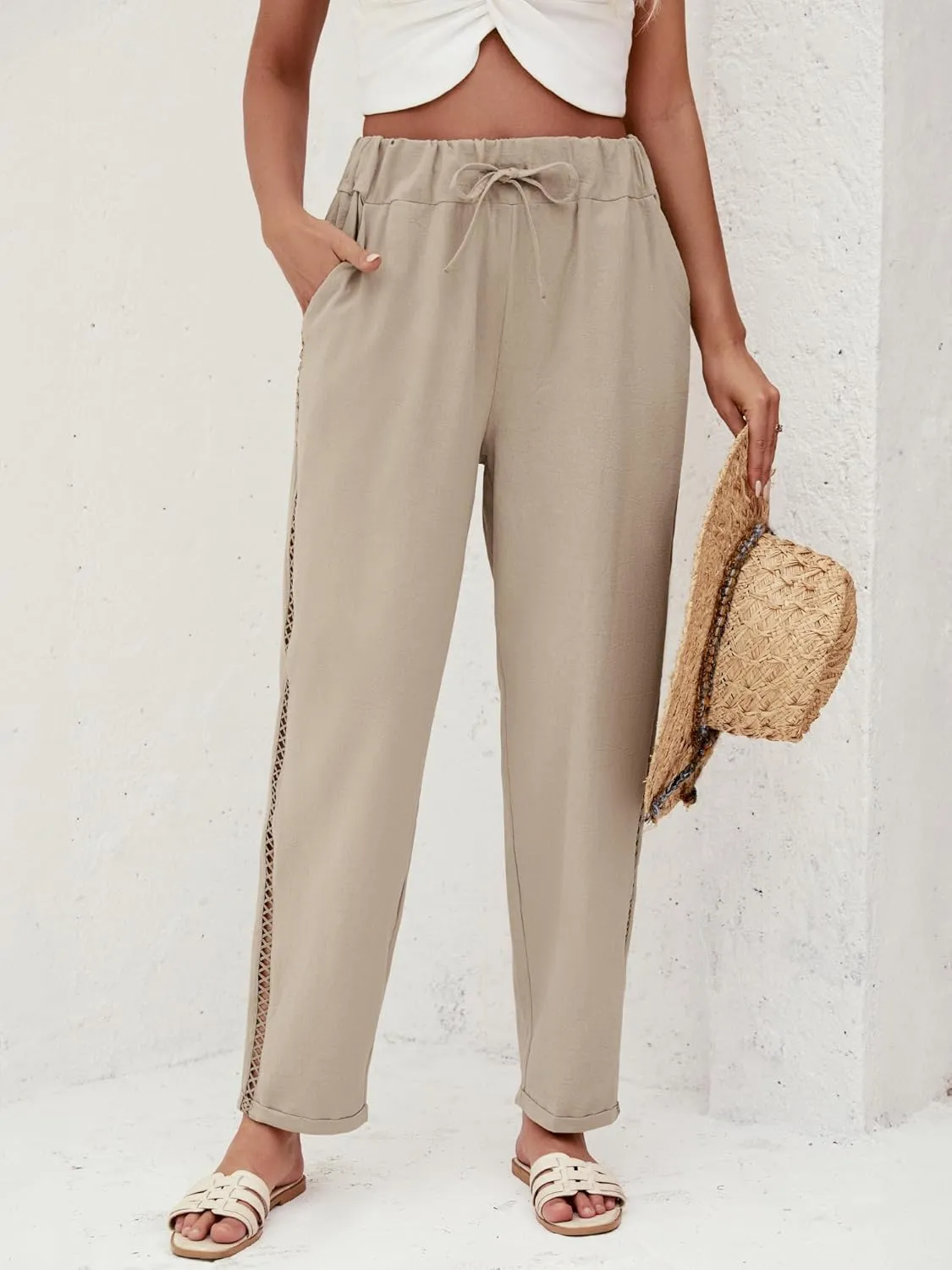 Puimentiua Women's Linen Capri Pants with Drawstring Petite Summer Beachwear Lightweight Elastic Waist Pants