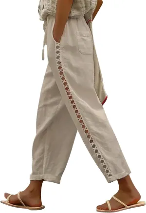 Puimentiua Women's Linen Capri Pants with Drawstring Petite Summer Beachwear Lightweight Elastic Waist Pants
