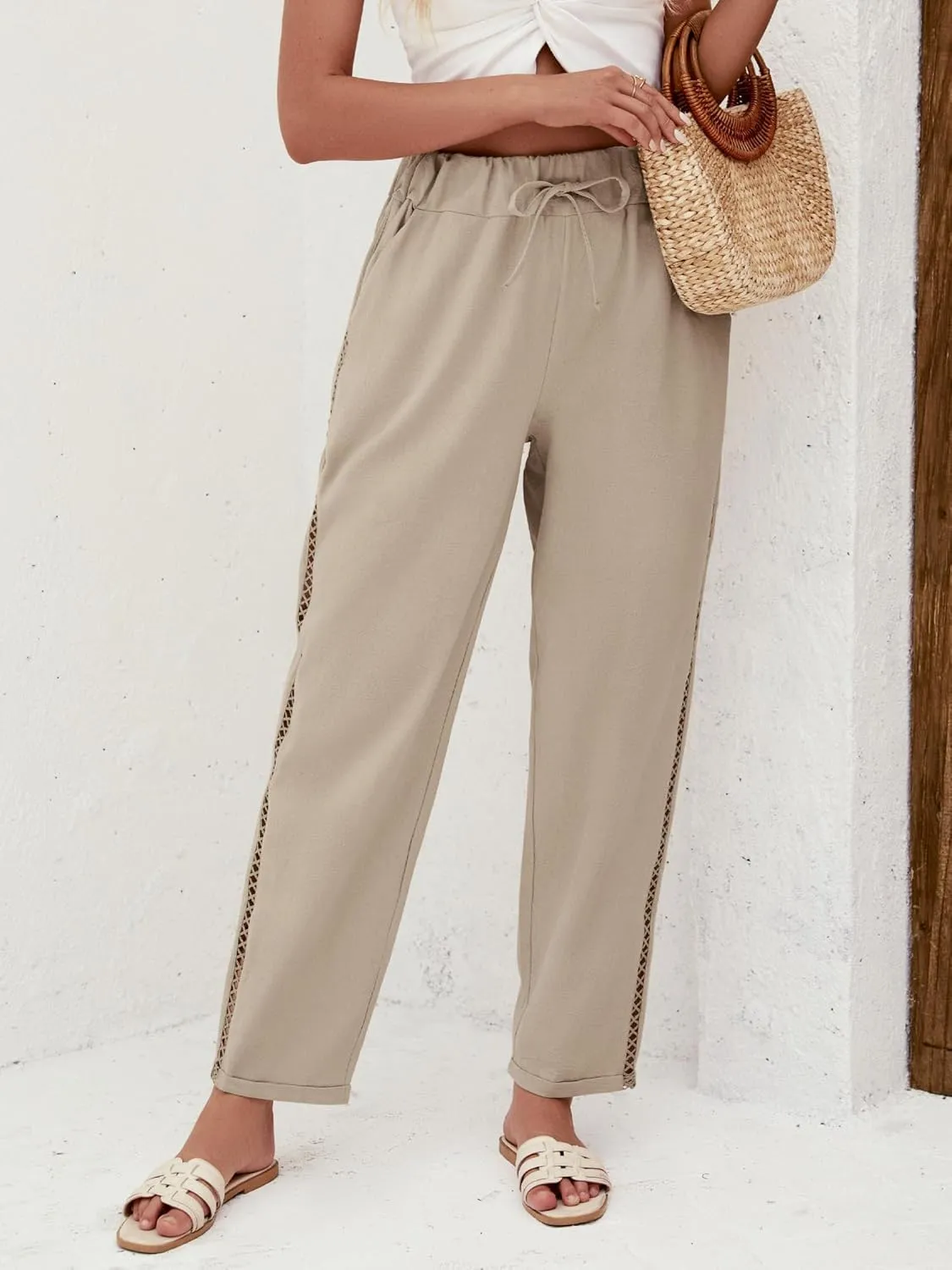 Puimentiua Women's Linen Capri Pants with Drawstring Petite Summer Beachwear Lightweight Elastic Waist Pants