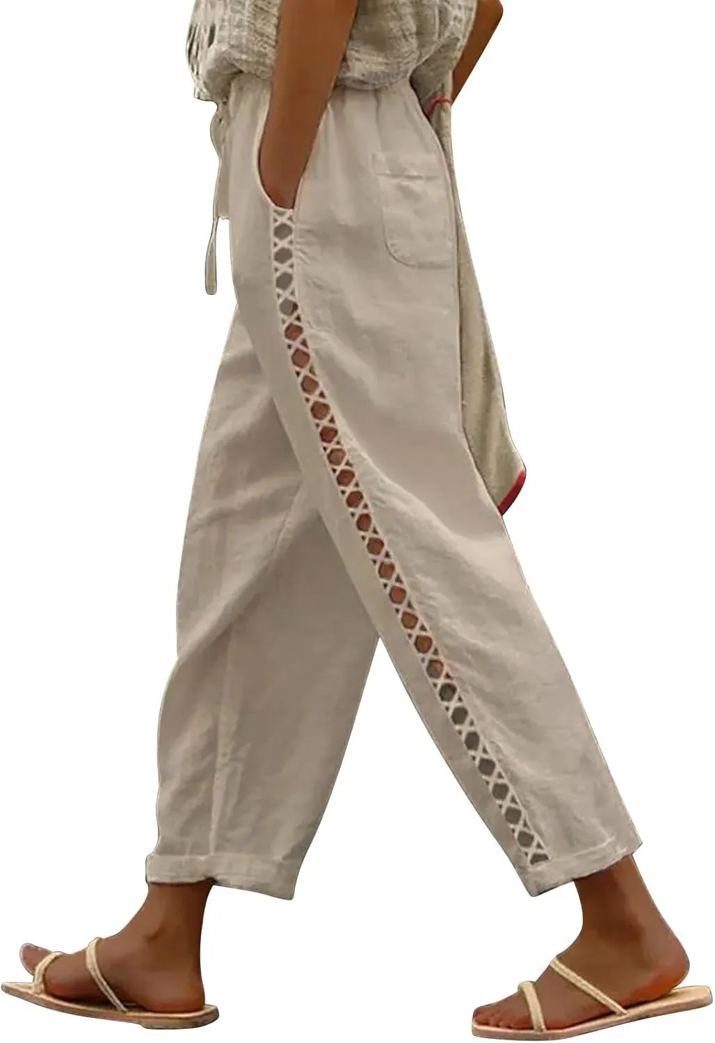 Puimentiua Women's Linen Capri Pants with Drawstring Petite Summer Beachwear Lightweight Elastic Waist Pants