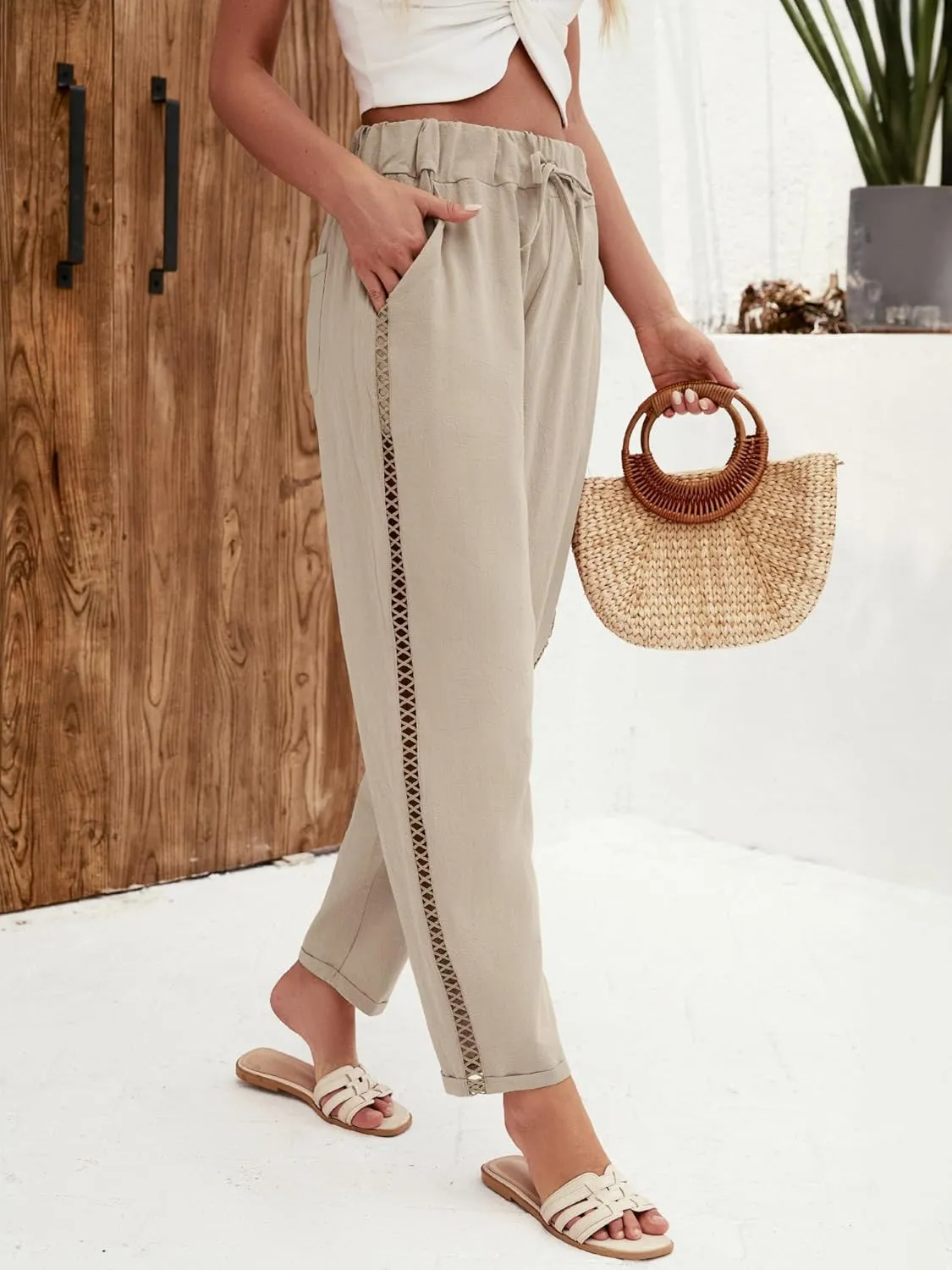 Puimentiua Women's Linen Capri Pants with Drawstring Petite Summer Beachwear Lightweight Elastic Waist Pants