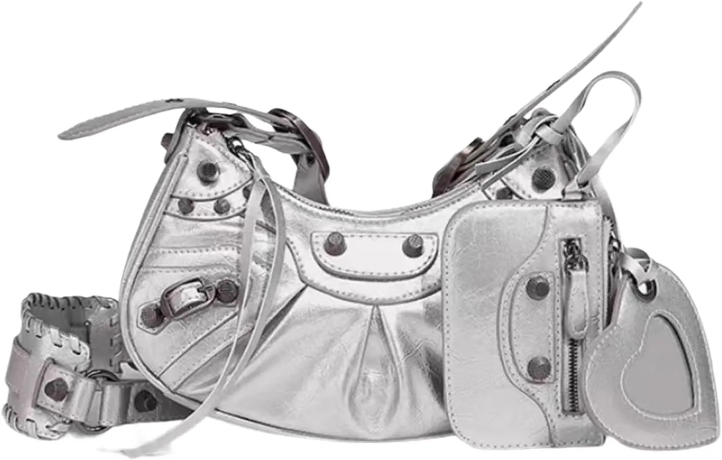 Punk Shoulder Messenger Bag, Small Cute Half-Moon Bag Y2K Purse for women Crossbody Purse with Heart Mirror