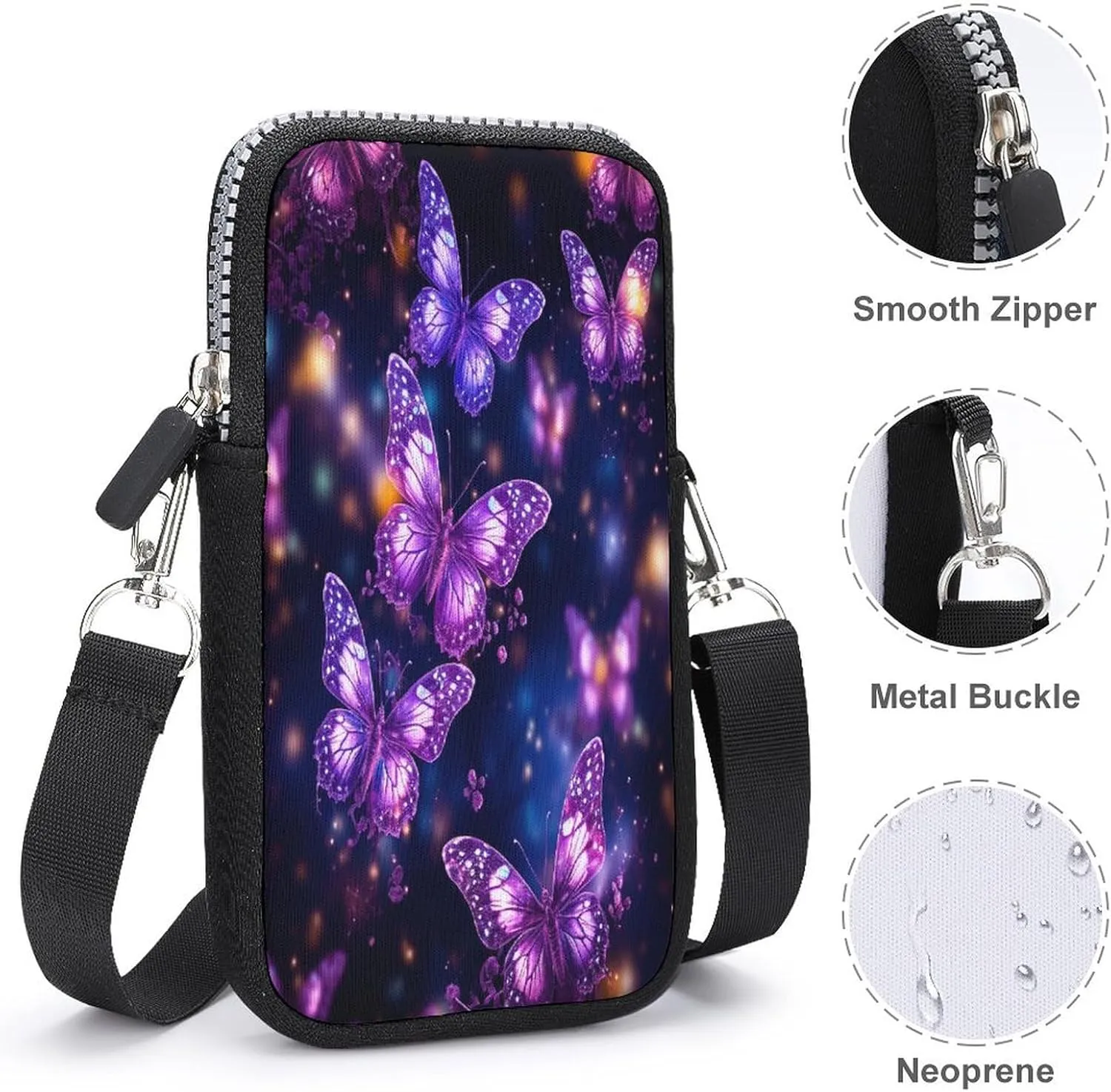 Purple Cute Butterfly Print Small Crossbody Bag for Women,Lightweight Mini Shoulder Bag Wallet Cell Phone Purse For Running,Travel,Commuting