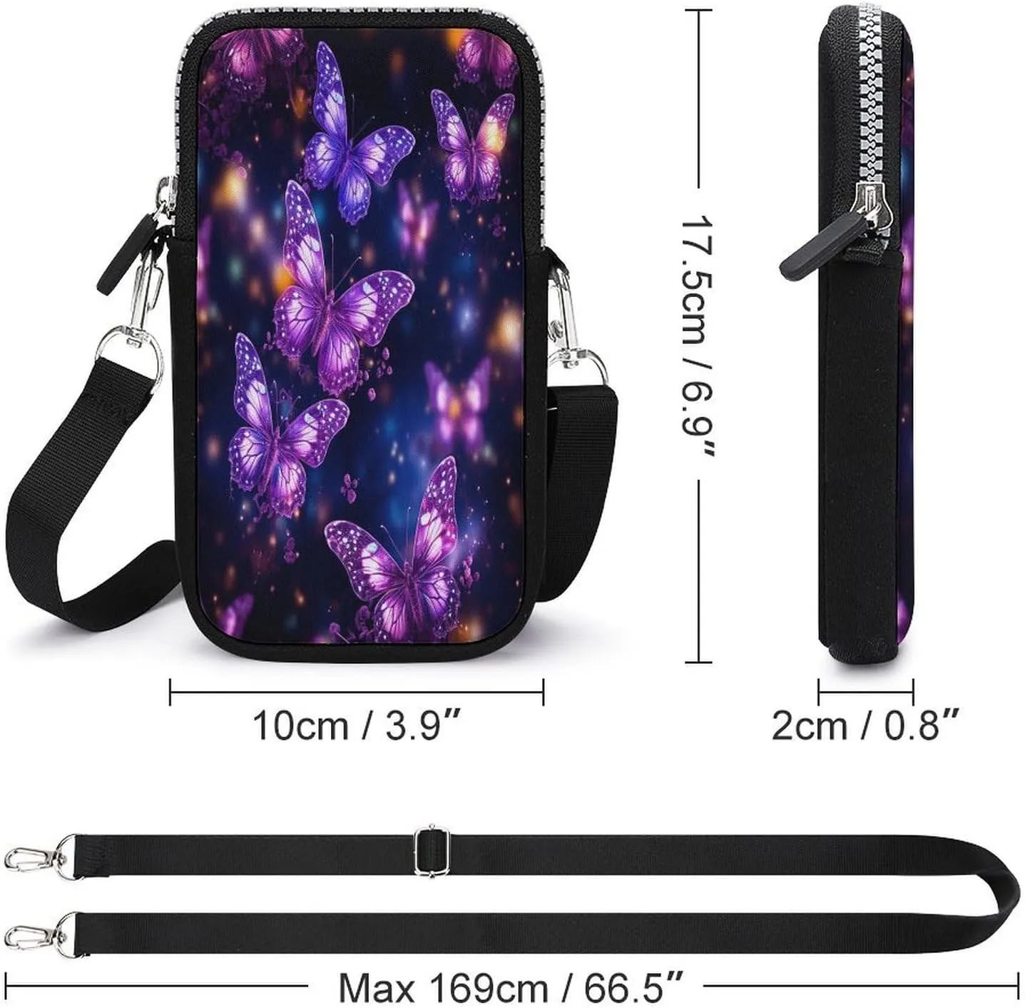 Purple Cute Butterfly Print Small Crossbody Bag for Women,Lightweight Mini Shoulder Bag Wallet Cell Phone Purse For Running,Travel,Commuting