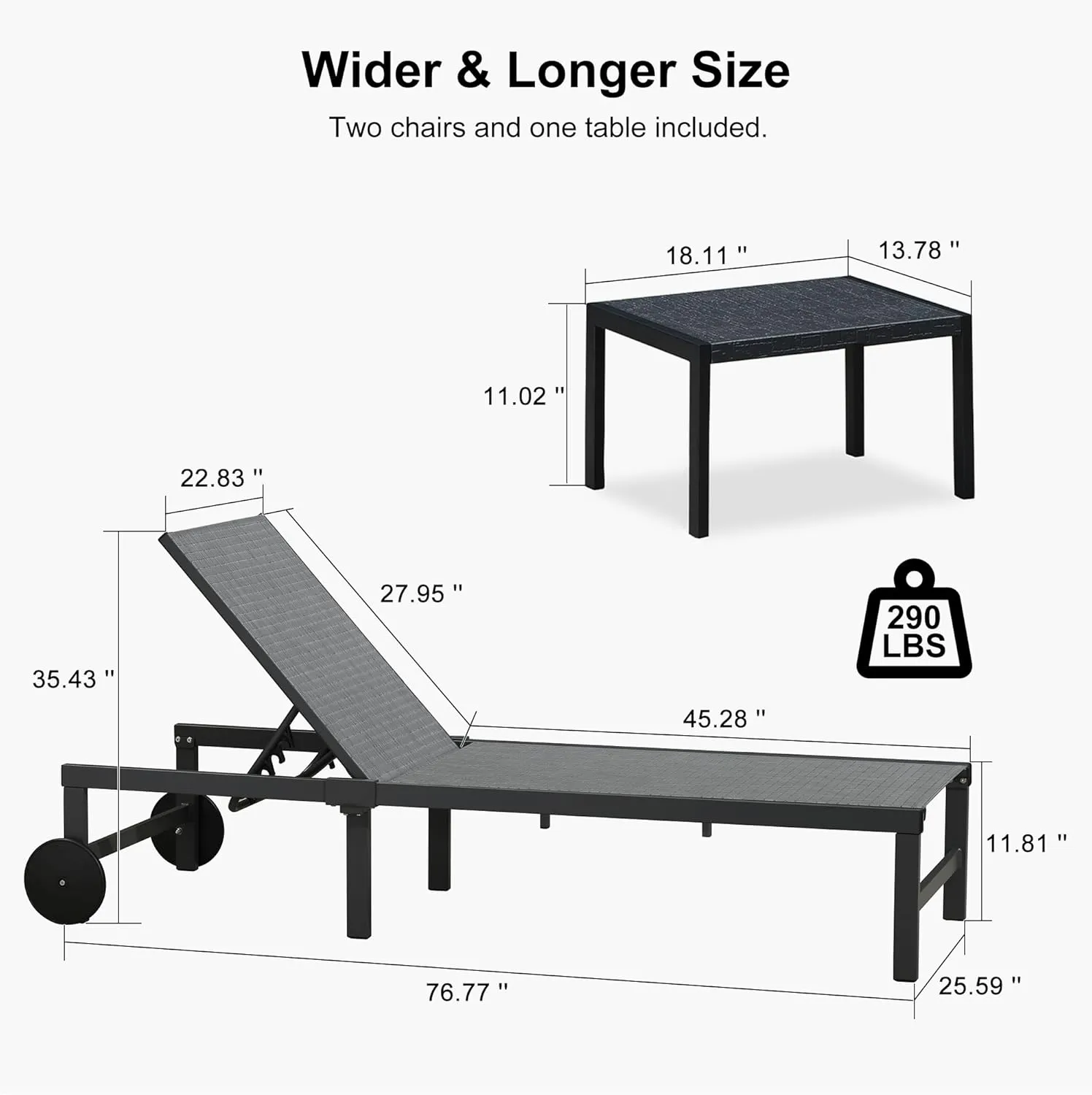 PURPLE LEAF Outdoor Chaise Lounge Chairs Set Adjustable Recliner Chair with Wheels and Table for Poolside Beach Patio Aluminum Reclining Sunbathing Lounger Mixed Grey