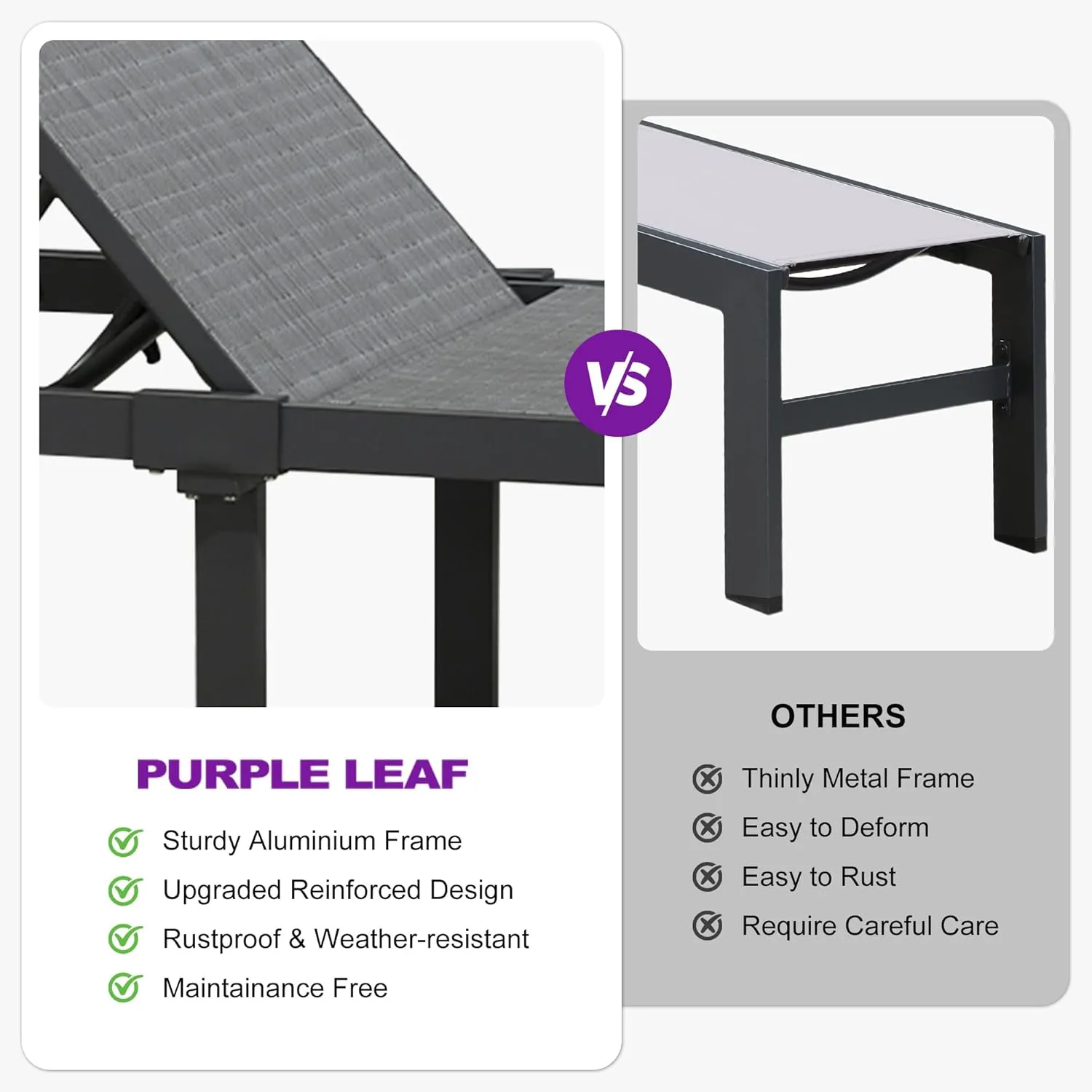 PURPLE LEAF Outdoor Chaise Lounge Chairs Set Adjustable Recliner Chair with Wheels and Table for Poolside Beach Patio Aluminum Reclining Sunbathing Lounger Mixed Grey