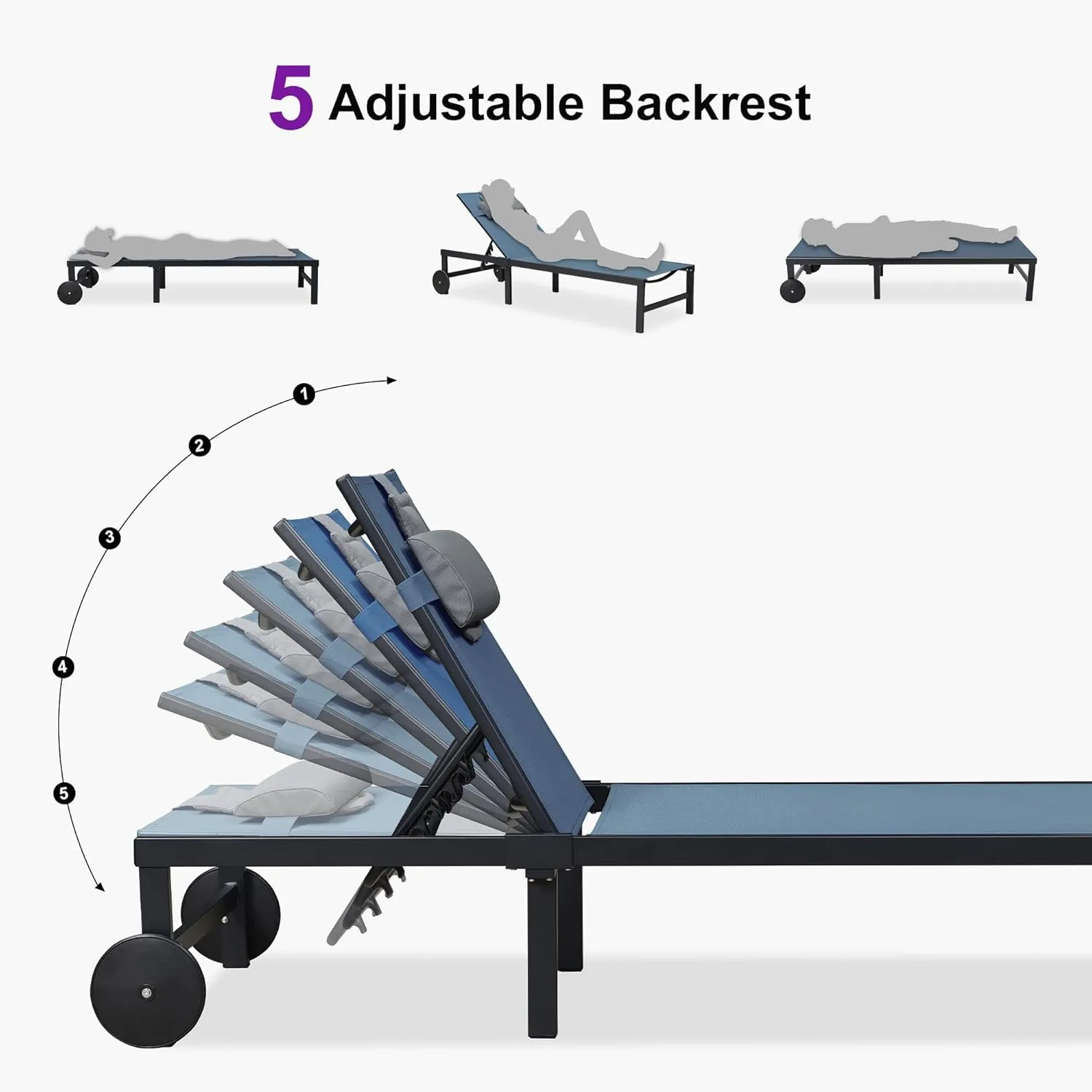 PURPLE LEAF Outdoor Tanning Lounge Chair Set with Face Hole Adjustable Reclining Chairs for Poolside Beach Wheels Pillows and Table Patio Aluminum Sunbathing Lounger Indigo