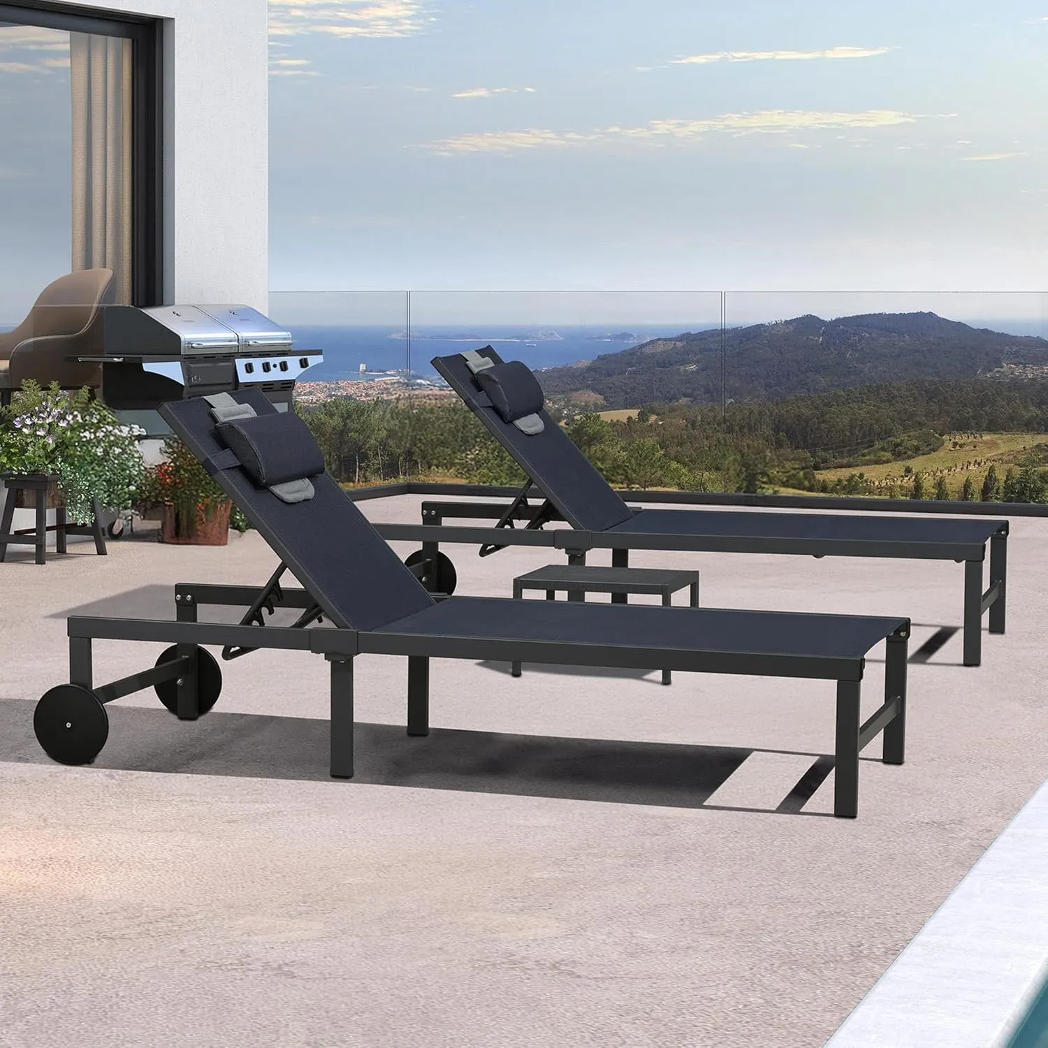 PURPLE LEAF Outdoor Tanning Lounge Chair Set with Face Hole Adjustable Reclining Chairs for Poolside Beach Wheels Pillows and Table Patio Aluminum Sunbathing Lounger Navy Blue