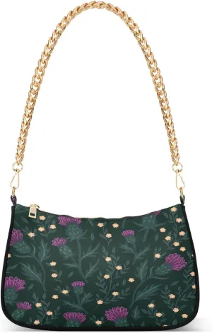 Purple Thistle Flowers Daisy Womens Shoulder Bag for Women Girls Hobo Tote Handbag Gold Chain Crossbody Bag with Zipper Clutch Purse Handbags
