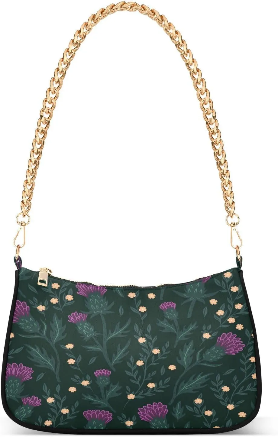 Purple Thistle Flowers Daisy Womens Shoulder Bag for Women Girls Hobo Tote Handbag Gold Chain Crossbody Bag with Zipper Clutch Purse Handbags