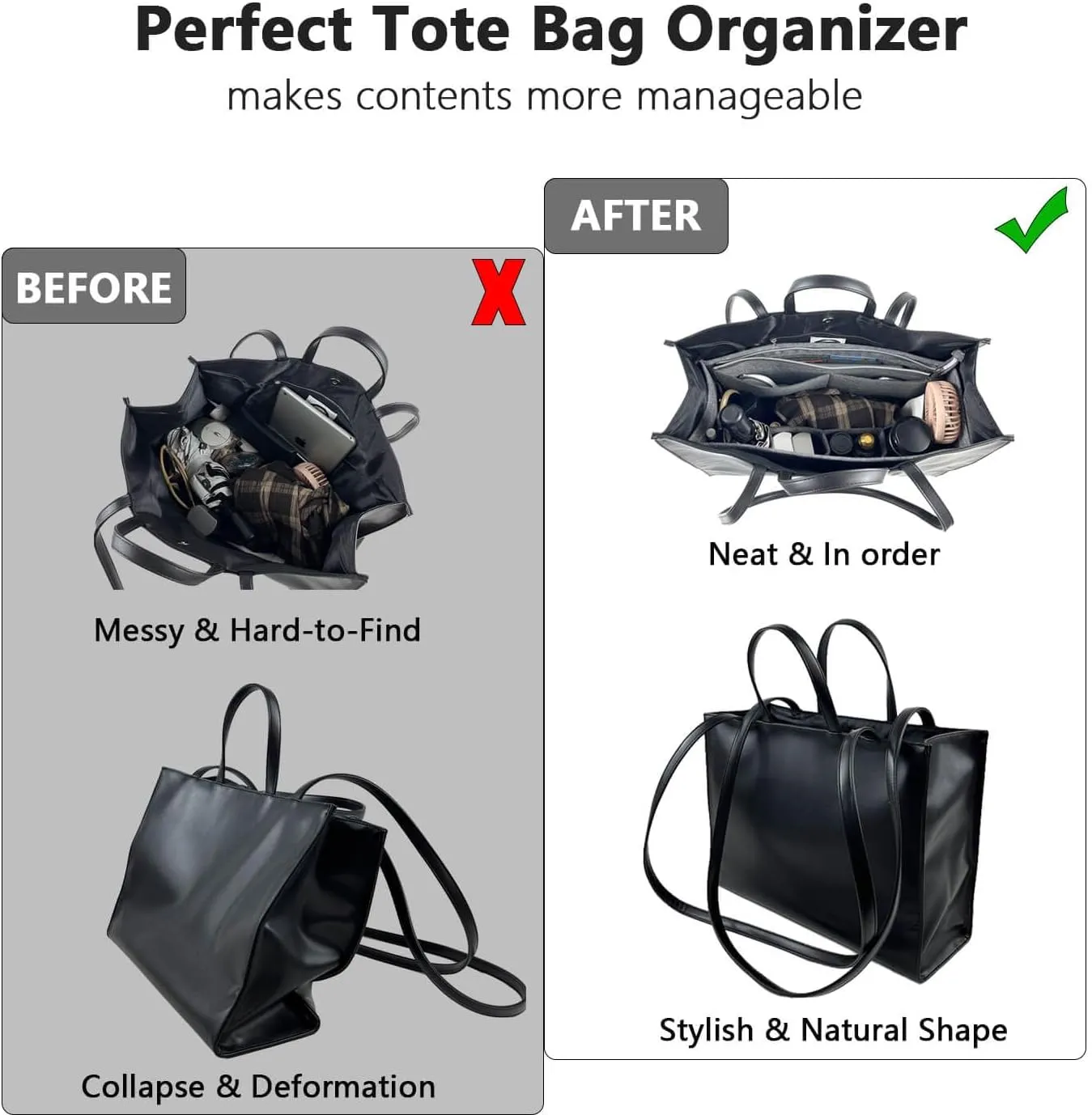 Purse Organizer Compatible with Telfar Bag Large, Tote Bags Organizer Insert with Silver Zipper Pouch, 3MM Premium Felt Insert for Handbag, Sturdy and Durable (For Telfar Large Shopping Bag, Black)