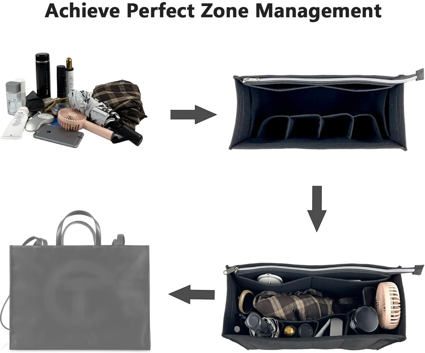 Purse Organizer Compatible with Telfar Bag Large, Tote Bags Organizer Insert with Silver Zipper Pouch, 3MM Premium Felt Insert for Handbag, Sturdy and Durable (For Telfar Large Shopping Bag, Black)