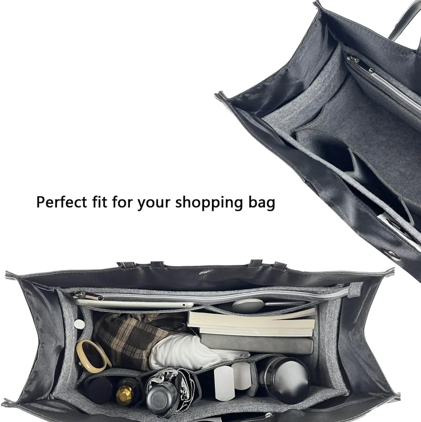 Purse Organizer Compatible with Telfar Bag Large, Tote Bags Organizer Insert with Silver Zipper Pouch, 3MM Premium Felt Insert for Handbag, Sturdy and Durable (For Telfar Large Shopping Bag, Black)