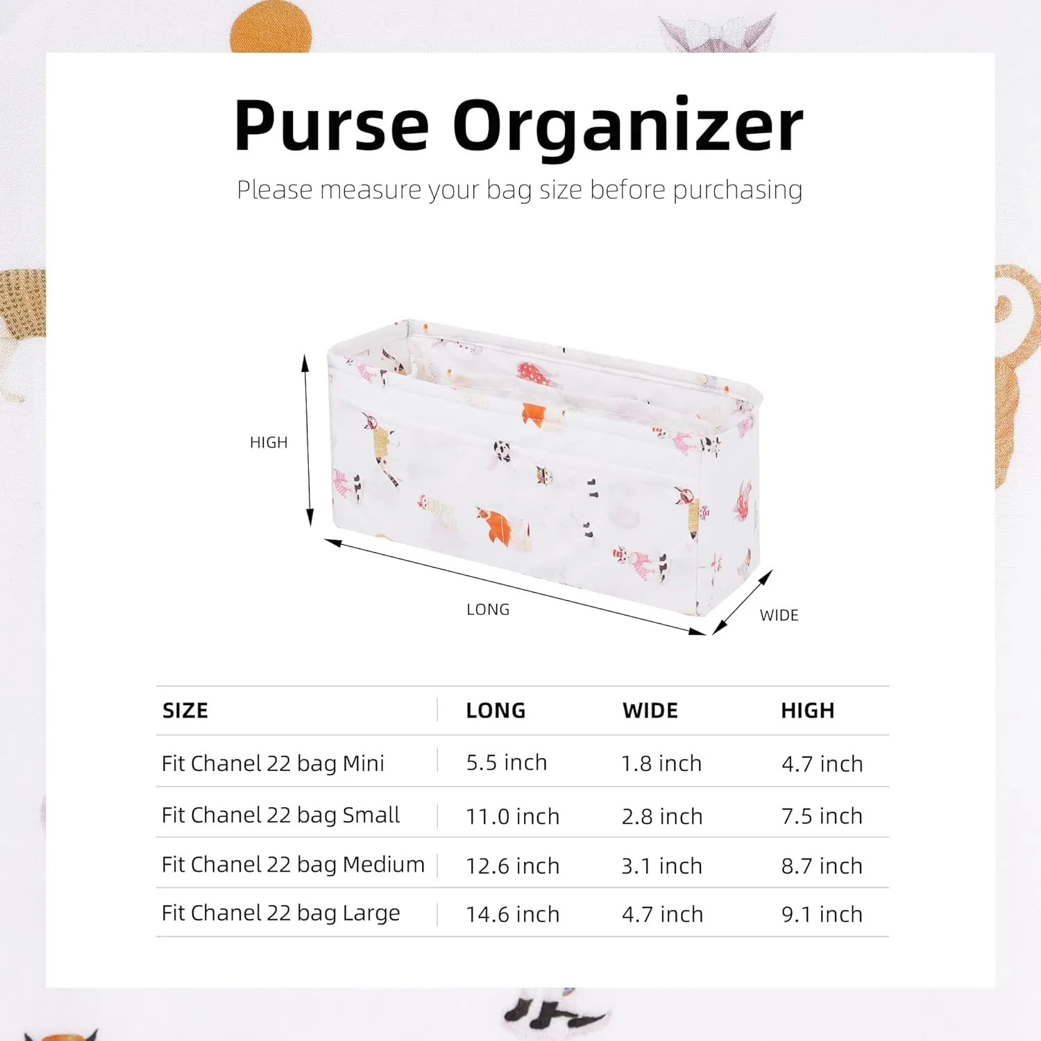 Purse Organizer Insert Fits Chanel 22bags, Lightweight Bag Shaper for Women Luxury Handbag Tote, Soft Inner Bag(22bag Medium, Cat Paradise)