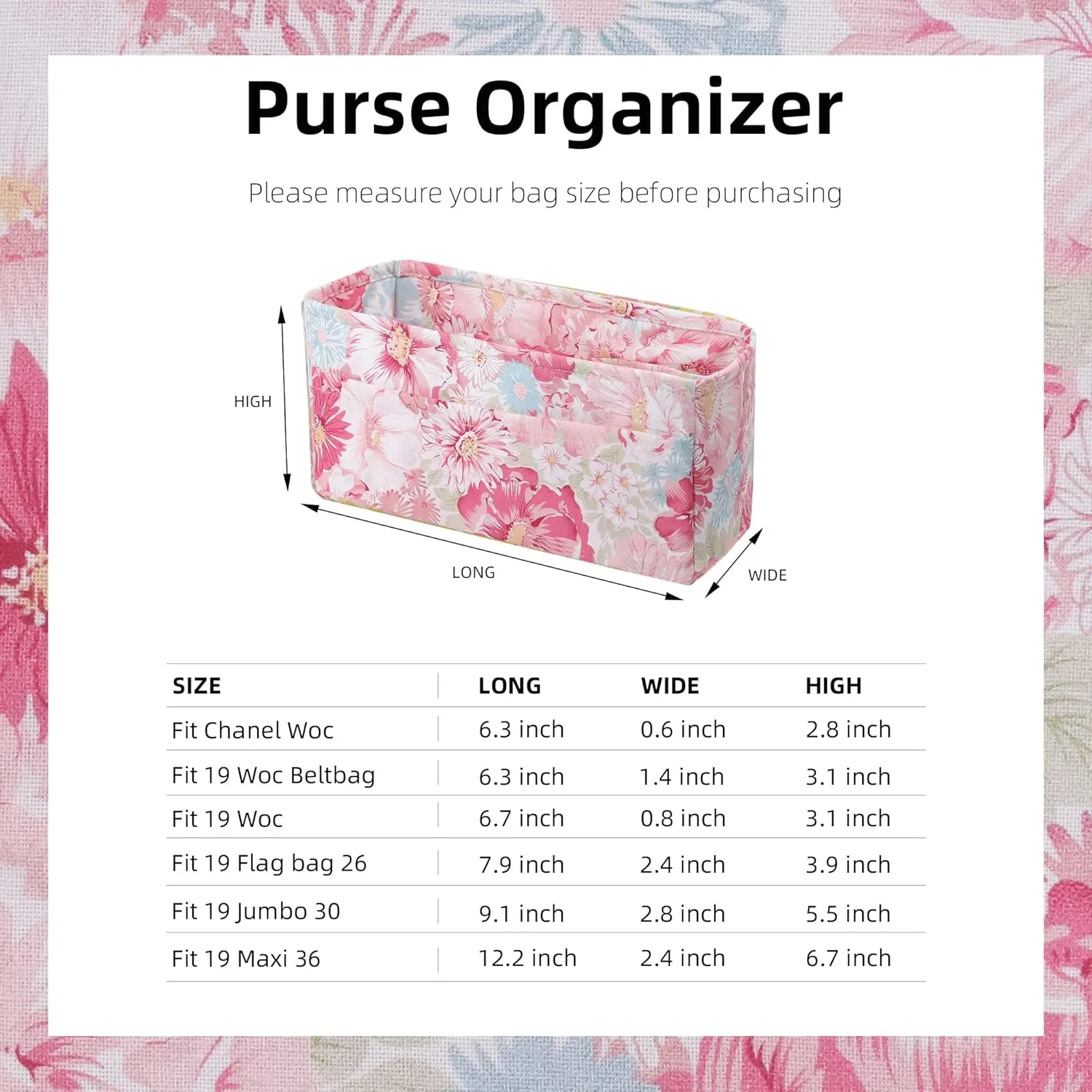 Purse Organizer Insert Fits Chanel Woc bags, Lightweight Bag Shaper for Women Luxury Handbag Tote, Soft Inner Bag (Chanel Woc, Blooming)