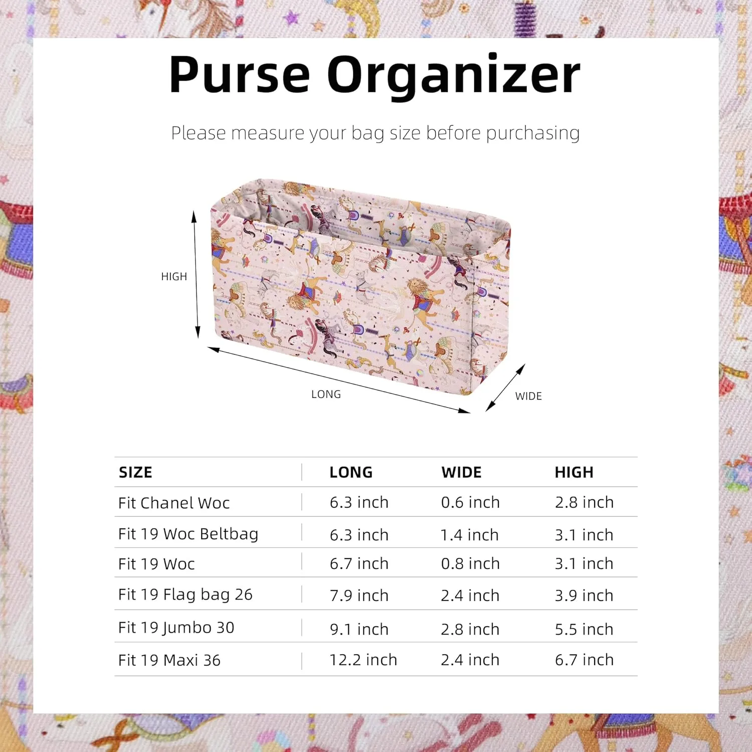 Purse Organizer Insert Fits Chanel Woc bags, Lightweight Bag Shaper for Women Luxury Handbag Tote, Soft Inner Bag (Chanel Woc, Circus (Pink))