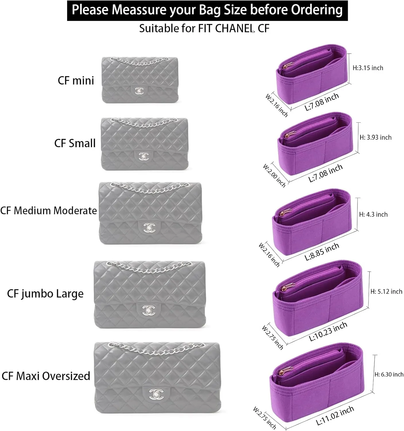 Purse Organizer Insert for Chanel Classic Flap mini Bag Organizer Insert Handbag (Violet, Mini)