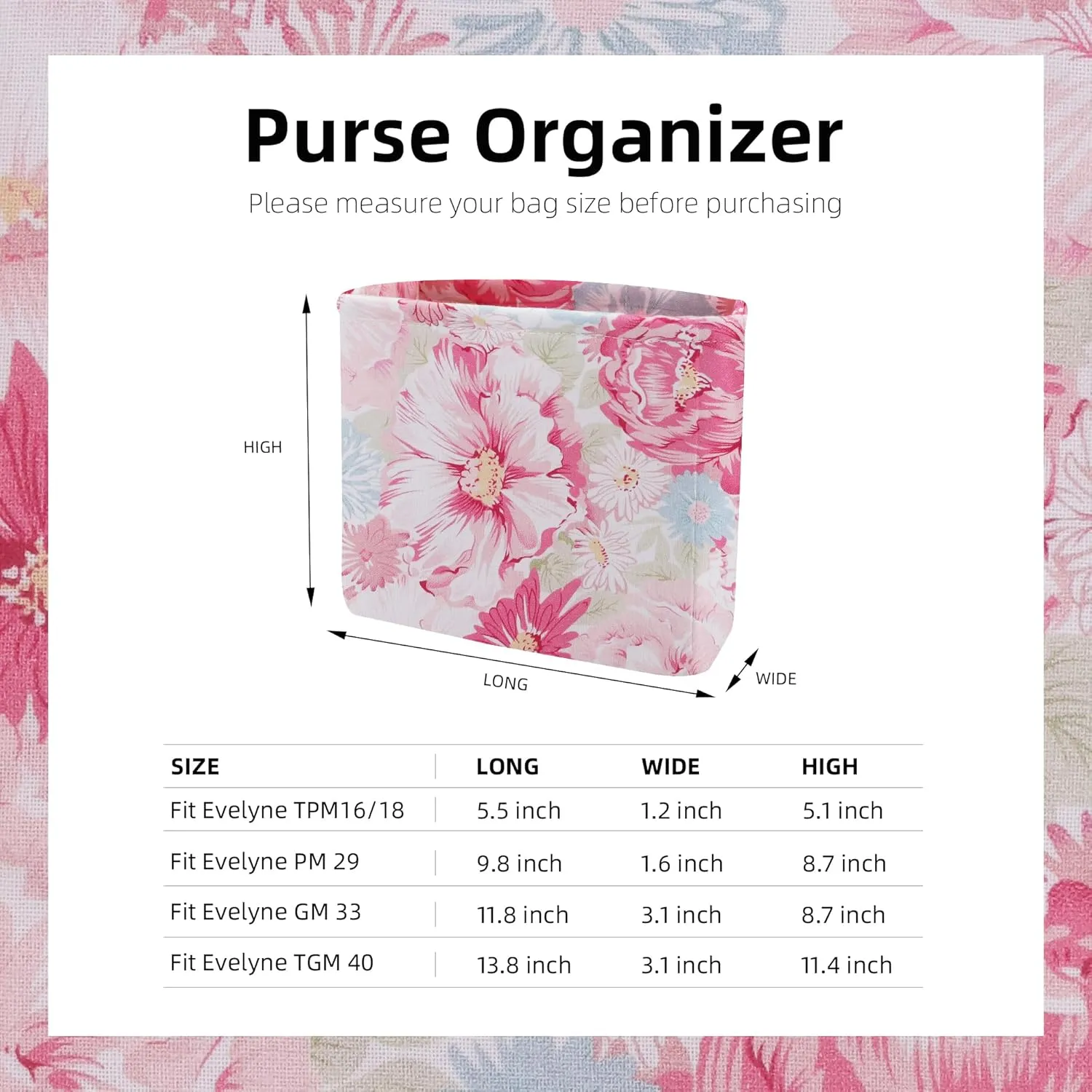 Purse Organizer Insert For Evelyne TPM/PM/GM/TGM, Lightweight Bag Shaper Liner, Soft Luxury Handbag Tote Inner Bag(Evelyne-TPM-mini,Blooming)