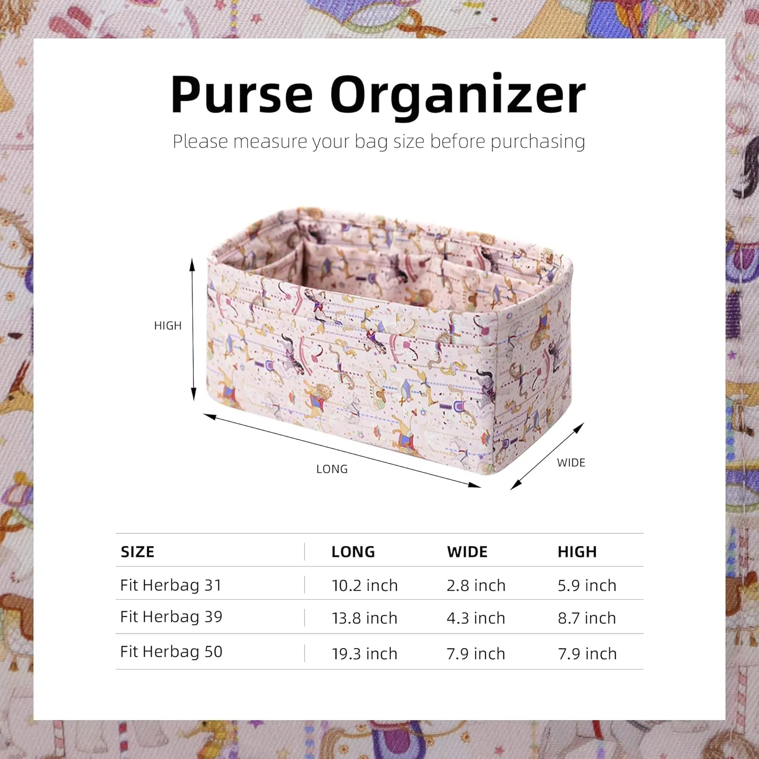 Purse Organizer Insert for Herbag 31/39/50, Lightweight Bag Shaper Liner, Soft Luxury Handbag Tote Inner Bag (Herbag31, Circus(Pink))