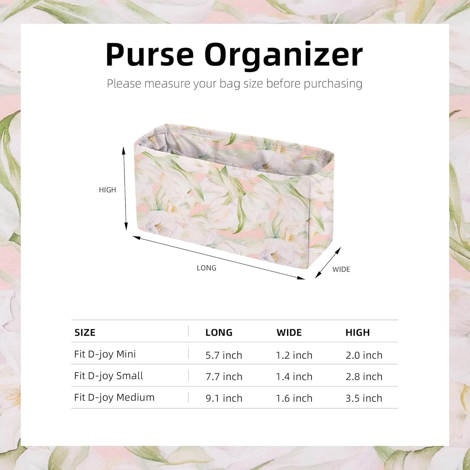 Purse Organizer Insert, unique pattern Bag organizer Liner, Backpack Organiser Insert, Bag Tote Shaper fit Dior Lady D-Joy (Small,French Tulips)
