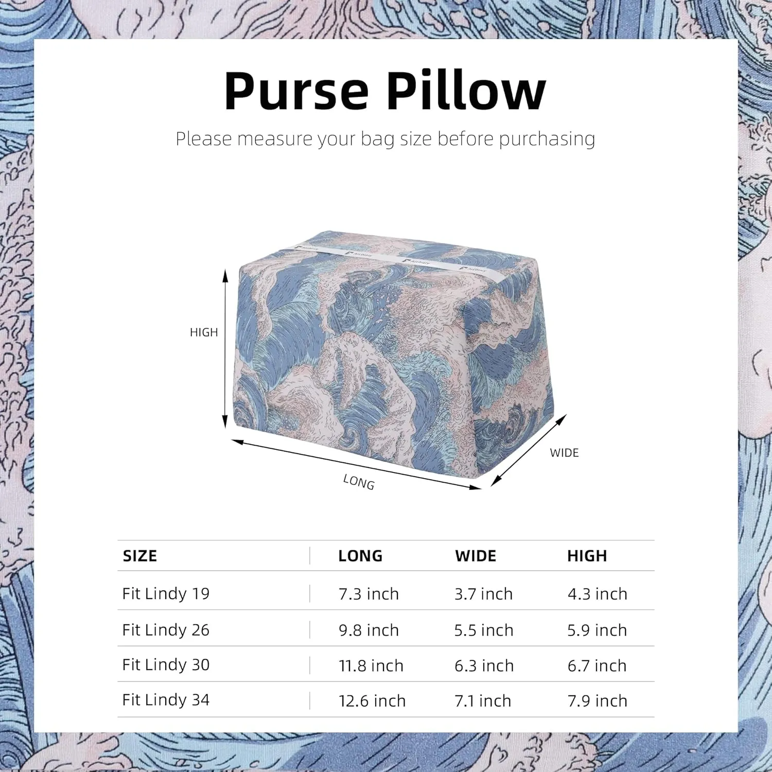 Purse Pillow Shaper Insert, unique pattern handbag shapers, Memory Foam, for Lindy 19/26/30/34 bags (Lindy19,Sea and waves)
