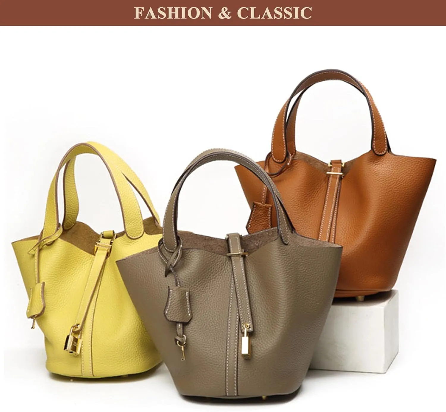 Purses and Handbags for Women Genuine Leather Small Bucket Bag Satchel Ladies Stylish Lock Design Soft Shoulder Bags