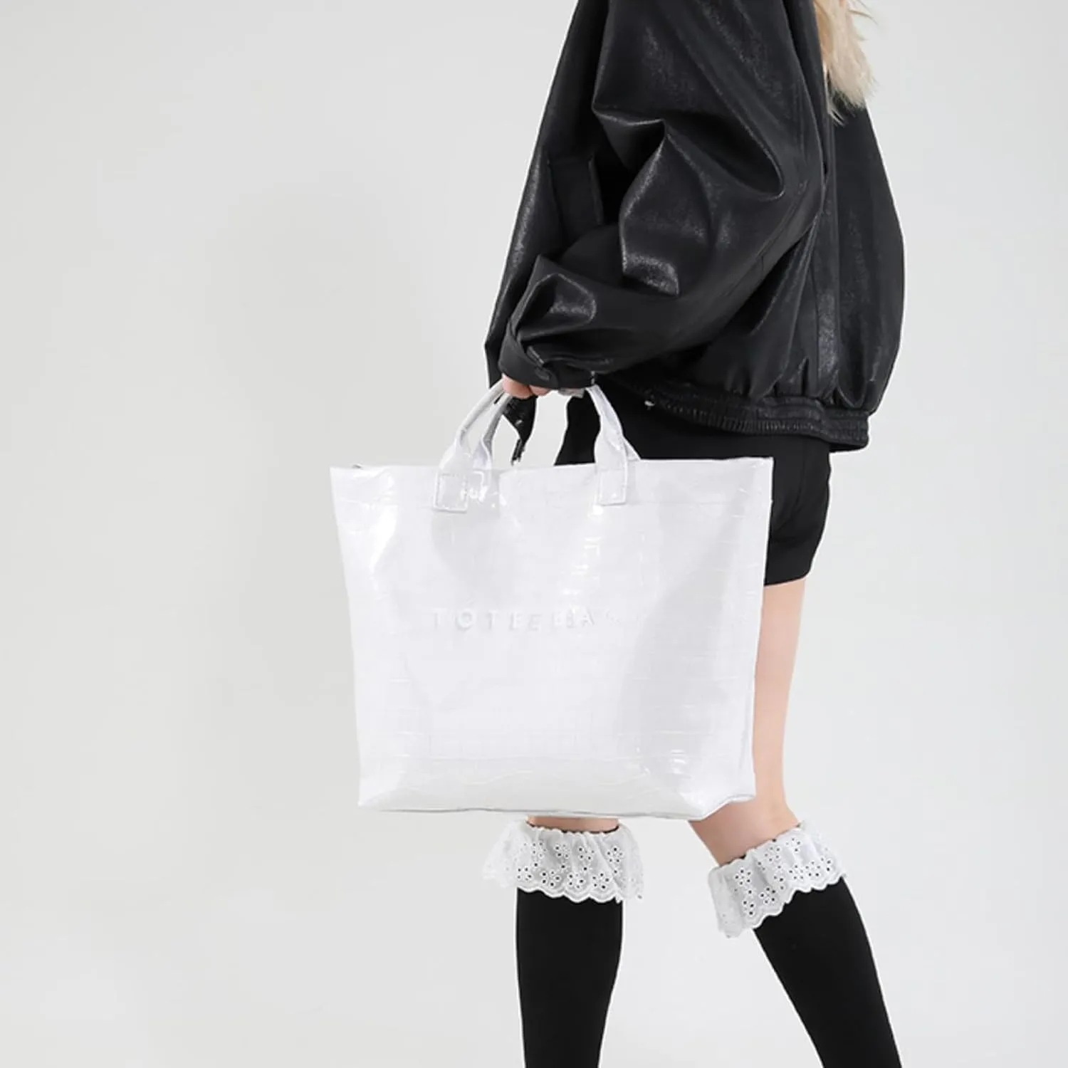 PVC Surface Women Tote Bag, PU Leather Tote Purses for Ladies, Top Handle Letter Printed Hobo Bags