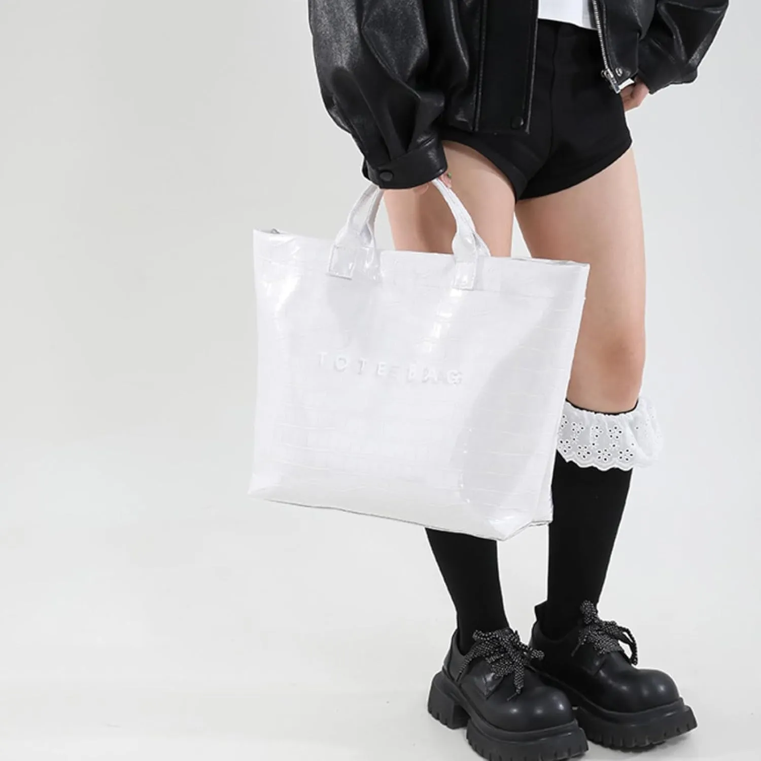 PVC Surface Women Tote Bag, PU Leather Tote Purses for Ladies, Top Handle Letter Printed Hobo Bags