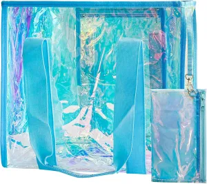 PVC Waterproof Holographic Colorful Tote Handbag with Small Mobile Phone Bag for Beach, Travel and Shopping（0.4MM）