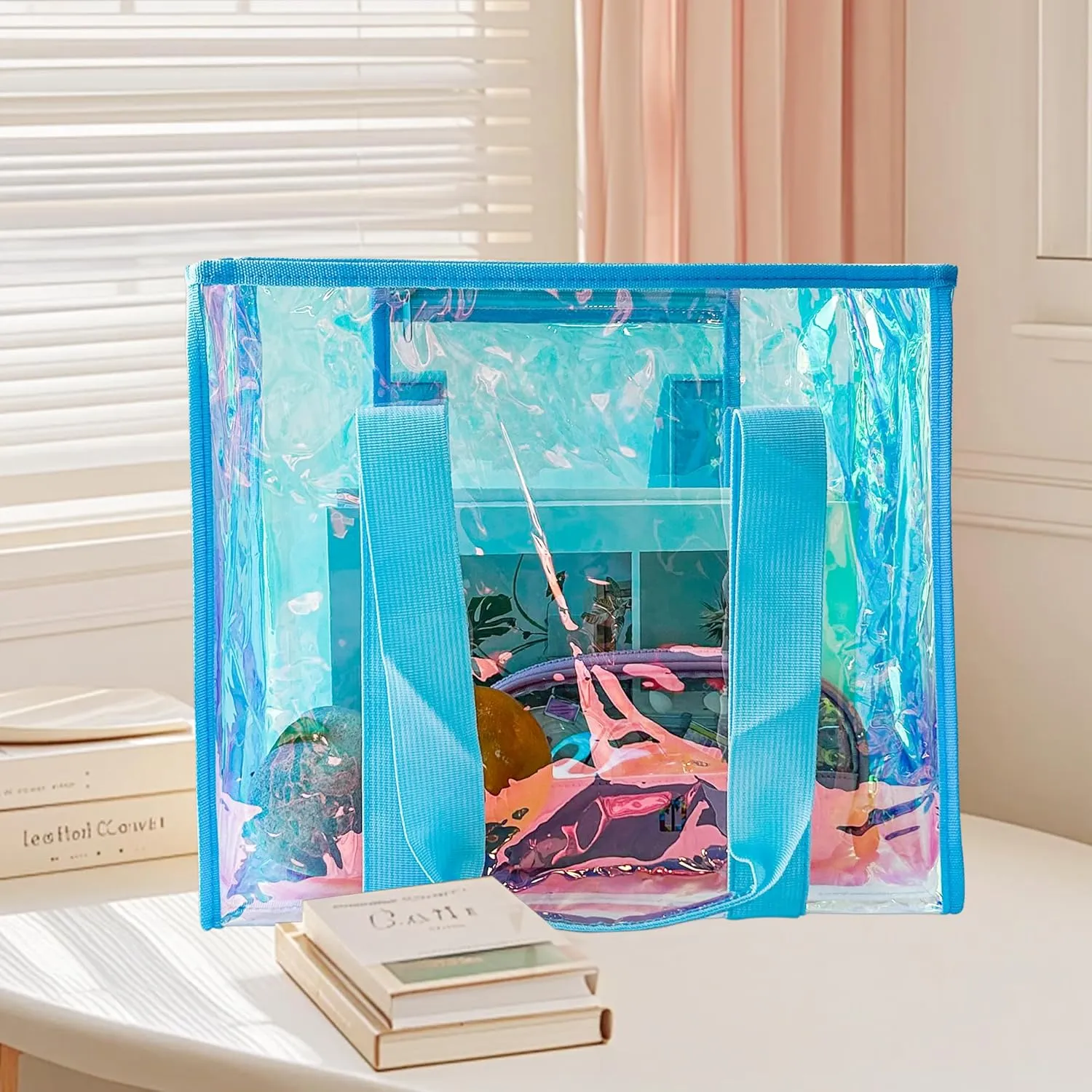 PVC Waterproof Holographic Colorful Tote Handbag with Small Mobile Phone Bag for Beach, Travel and Shopping（0.4MM）