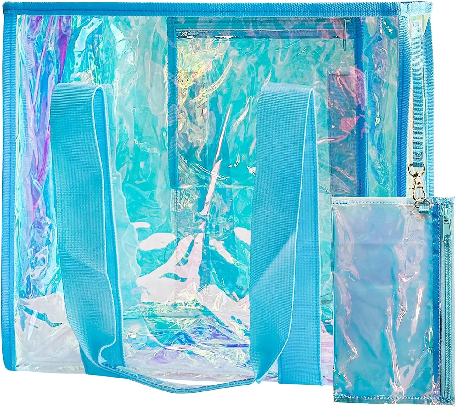 PVC Waterproof Holographic Colorful Tote Handbag with Small Mobile Phone Bag for Beach, Travel and Shopping（0.4MM）