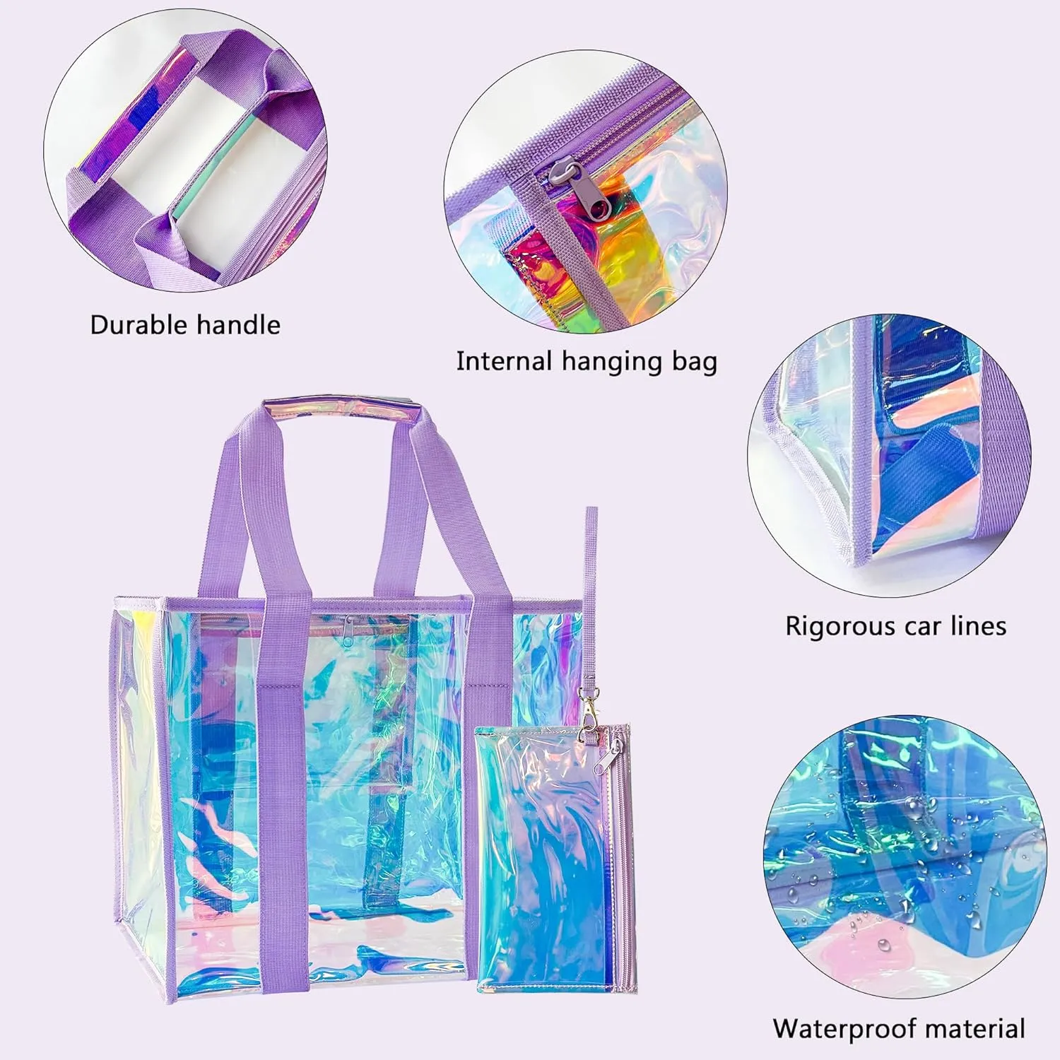 PVC Waterproof Holographic Colorful Tote Handbag with Small Mobile Phone Bag for Beach, Travel and Shopping（0.4MM）