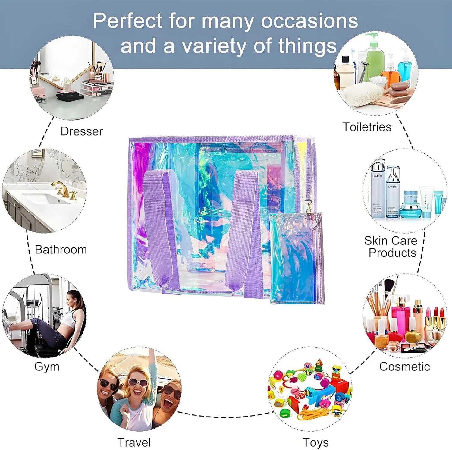 PVC Waterproof Holographic Colorful Tote Handbag with Small Mobile Phone Bag for Beach, Travel and Shopping（0.4MM）