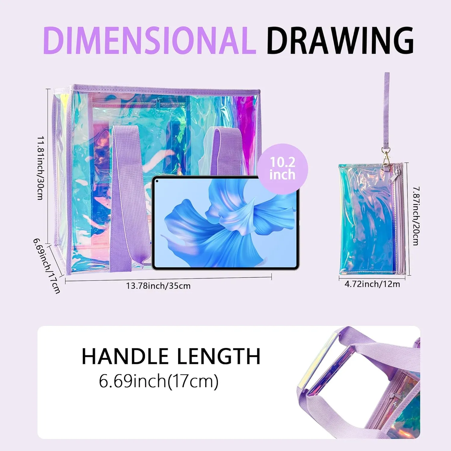 PVC Waterproof Holographic Colorful Tote Handbag with Small Mobile Phone Bag for Beach, Travel and Shopping（0.4MM）