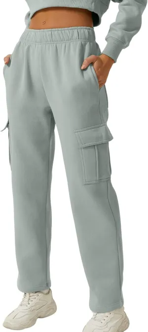 QINSEN Womens Medium Waist Baggy Elastic Waist Sweatpants Casual Fleece Long Pants with Pockets