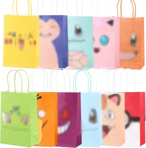 QIONG 22Pcs P-okemo-n Birthday Decorations Gift Bag, Cute Double Side Paper Goodie Bags with Handle, Party Favor Paper Candy Bags Colorful Birthday Party Supplies