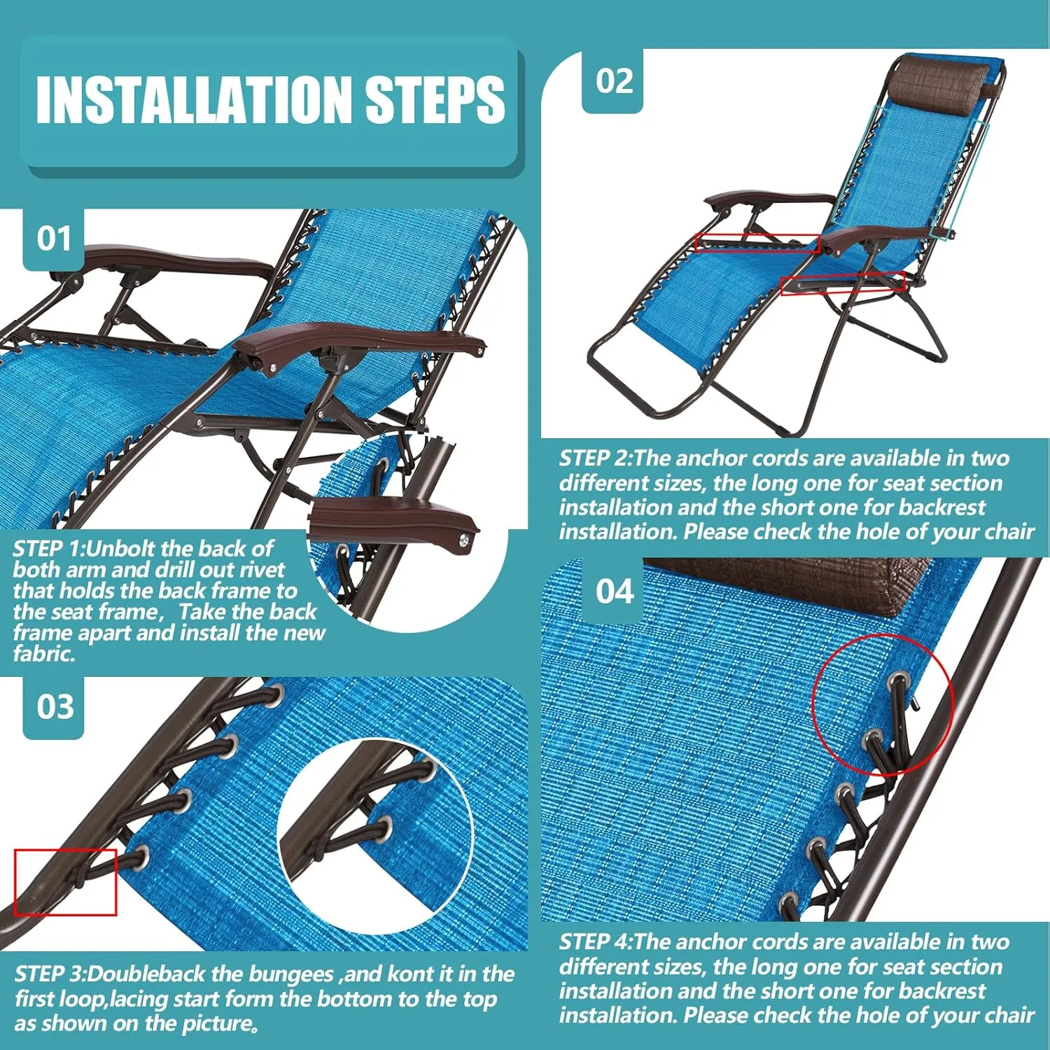 Queekay Chair Replacement Fabric with 4 Bungee Cord Lounge Chair Cloth Mesh Repair Kit for Patio Recliner Outdoor Lawn Pool(63 x 17 Inch,Light Blue)