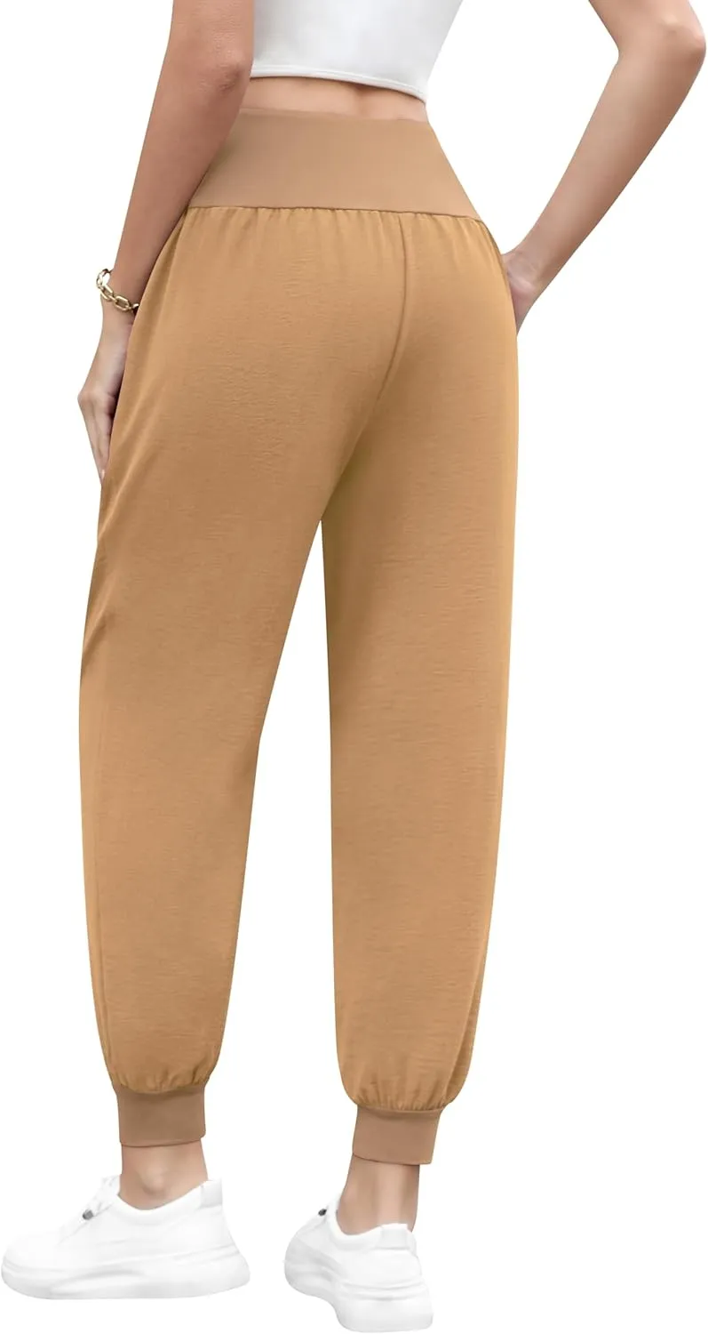 QUEZHU Women High Waist Joggers Palazzo Pants Fall Elastic Waist Casual Lounge Pants with Pockets