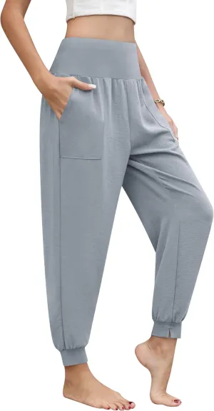 QUEZHU Women High Waist Joggers Palazzo Pants Fall Elastic Waist Casual Lounge Pants with Pockets