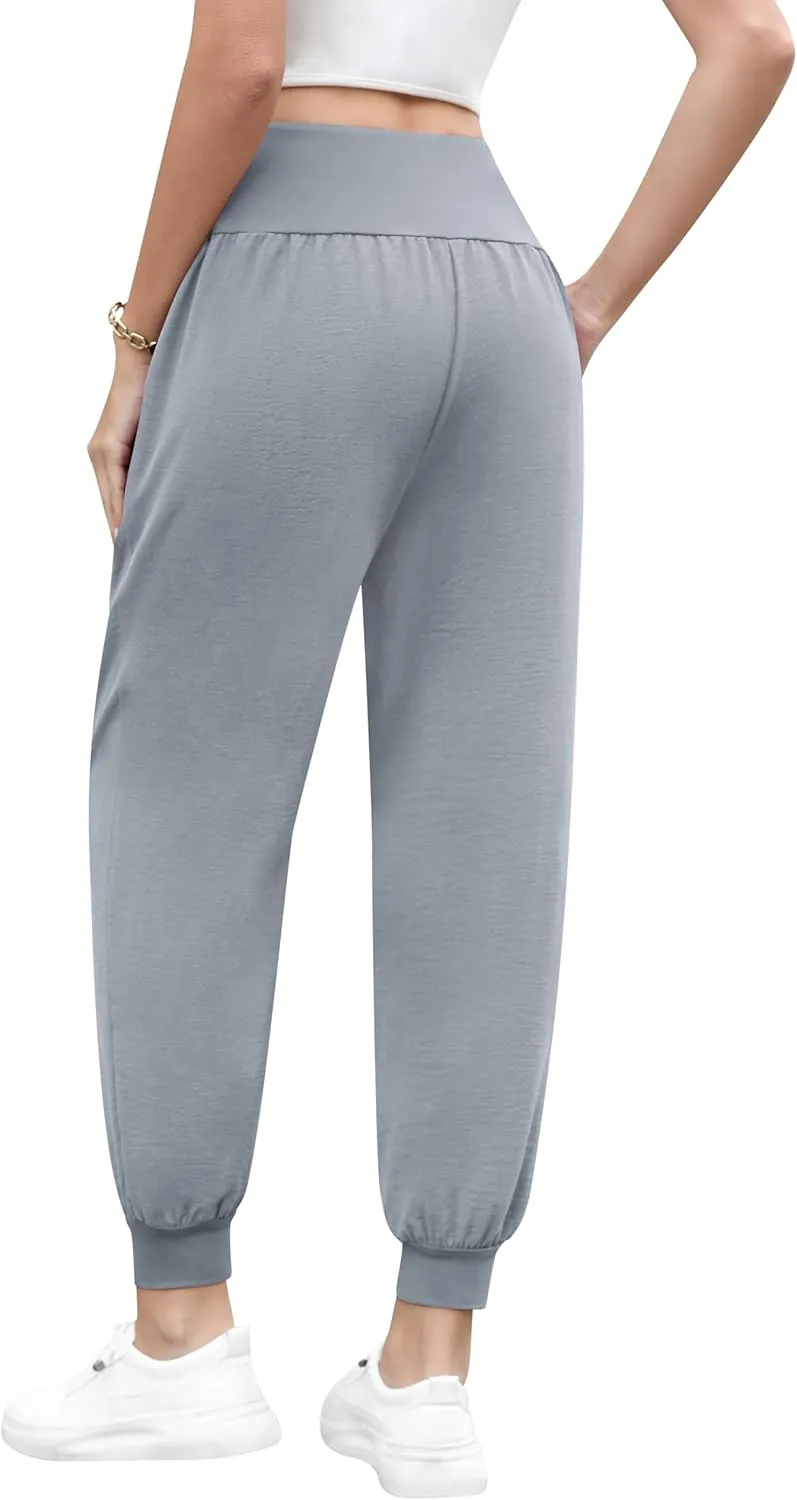 QUEZHU Women High Waist Joggers Palazzo Pants Fall Elastic Waist Casual Lounge Pants with Pockets