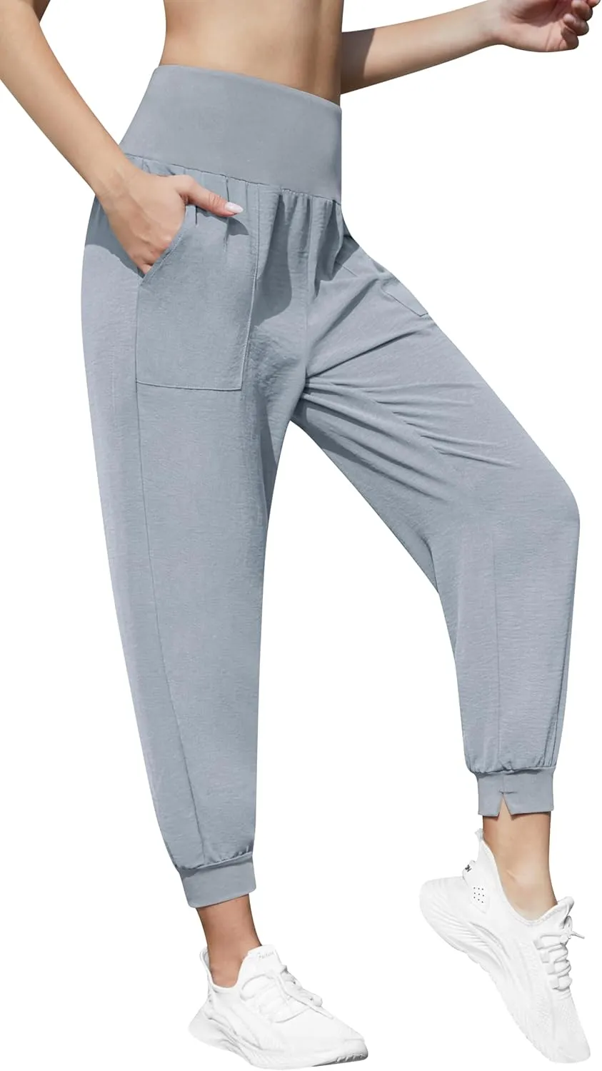QUEZHU Women High Waist Joggers Palazzo Pants Fall Elastic Waist Casual Lounge Pants with Pockets