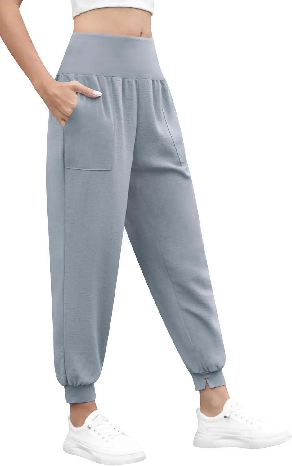 QUEZHU Women High Waist Joggers Palazzo Pants Fall Elastic Waist Casual Lounge Pants with Pockets