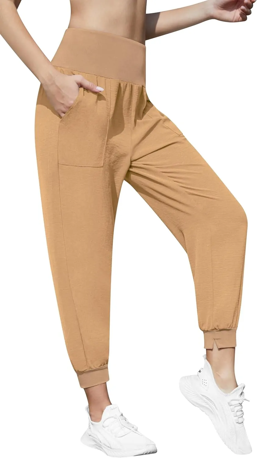 QUEZHU Women High Waist Joggers Palazzo Pants Fall Elastic Waist Casual Lounge Pants with Pockets