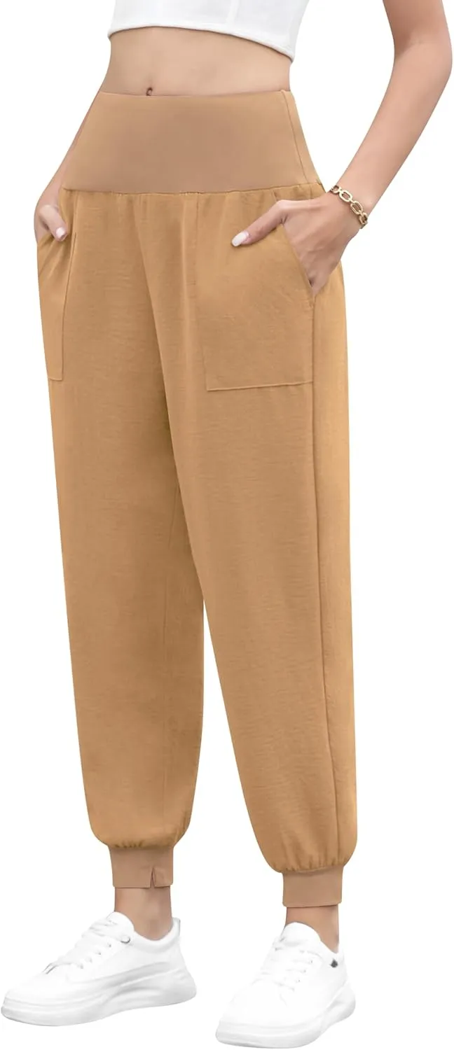 QUEZHU Women High Waist Joggers Palazzo Pants Fall Elastic Waist Casual Lounge Pants with Pockets